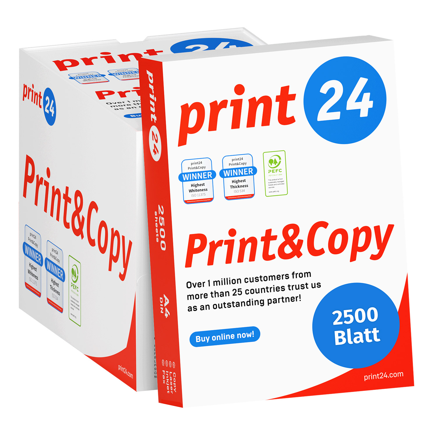 Dos cajas de cartón blancas de Print24 con texto rojo y azul y logotipos para 2500 hojas de papel A4.