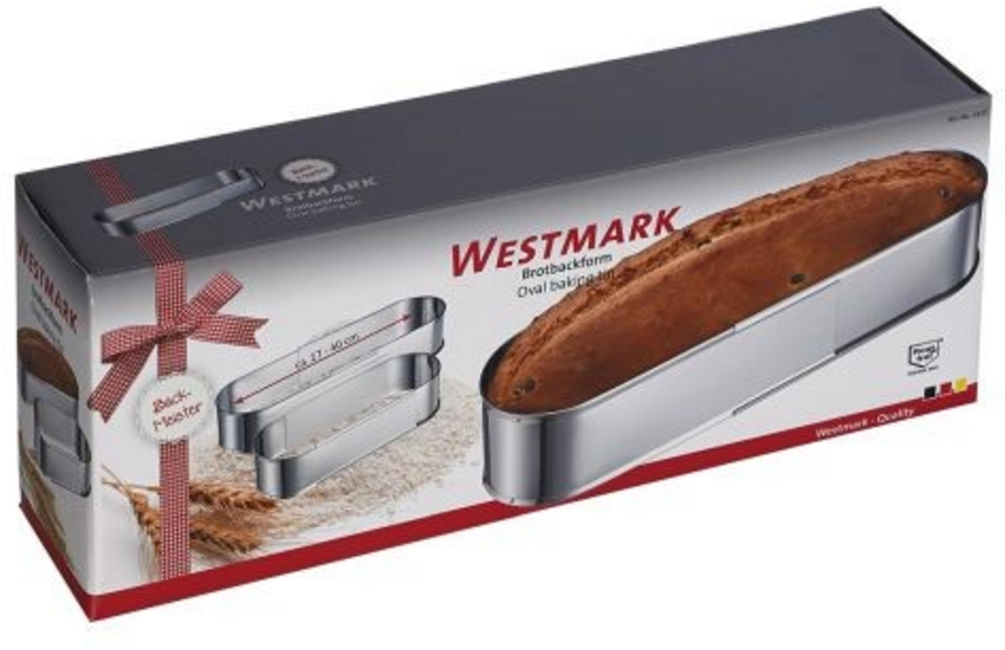 Verpackung einer Westmark Brotbackform mit Bild eines gebackenen Brotes und Maßen.