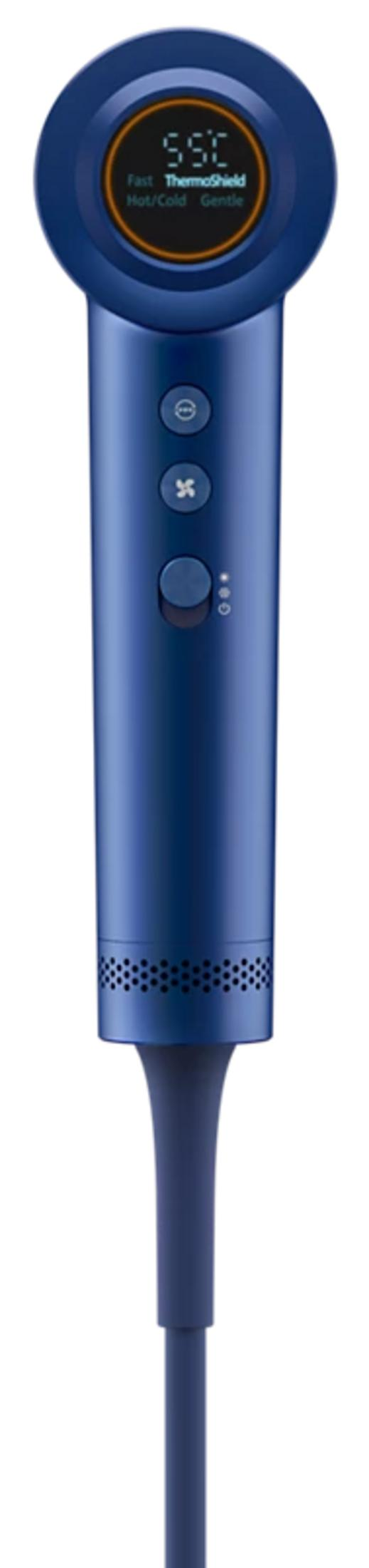 Ein blauer Haartrockner mit digitaler Anzeige, Steuerungsbuttons und einem Kabel.