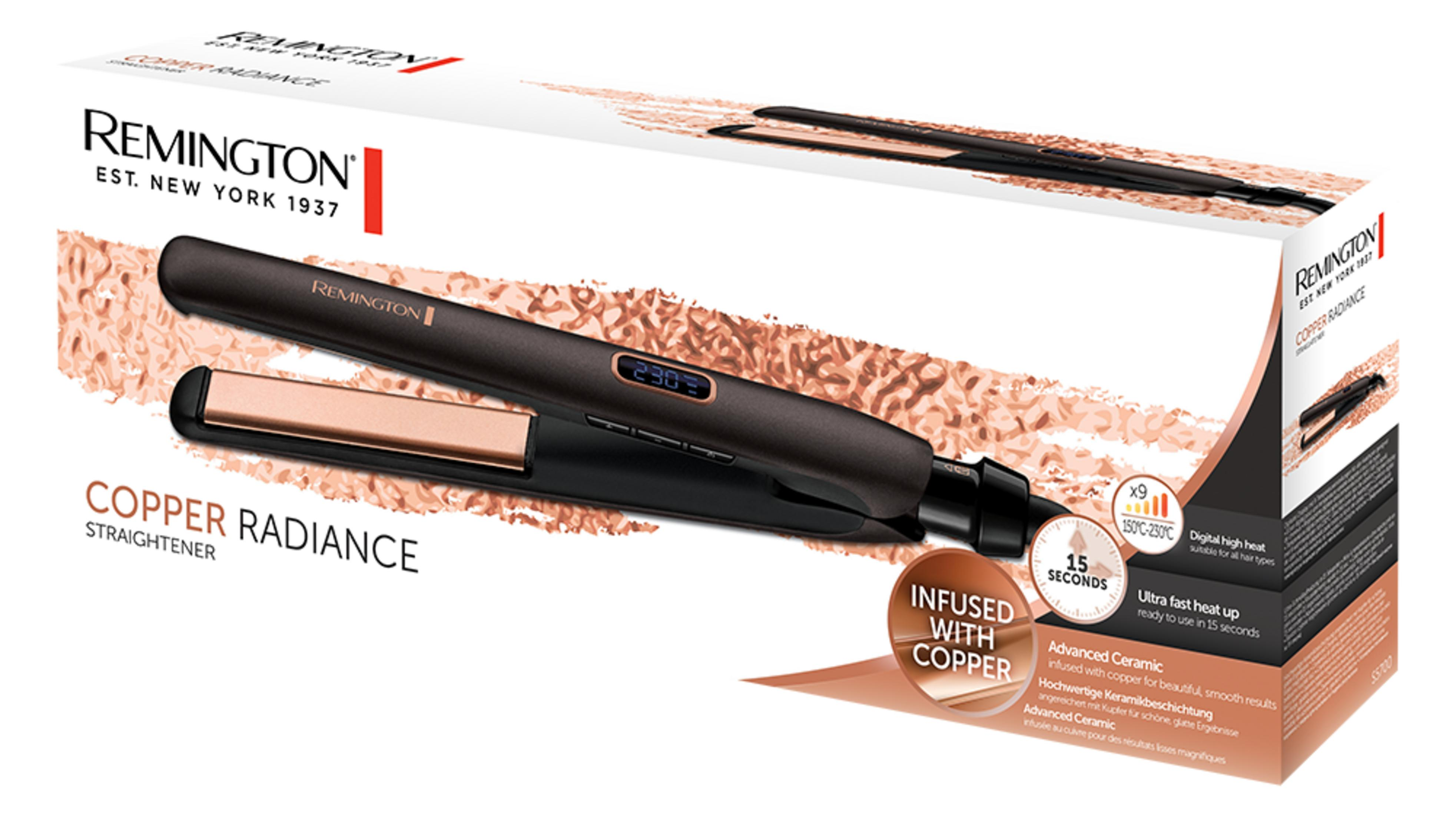 Siyah ve bakır renkli cihazın ve Copper Radiance yazısının yer aldığı bir Remington saç düzleştirici kutusu.