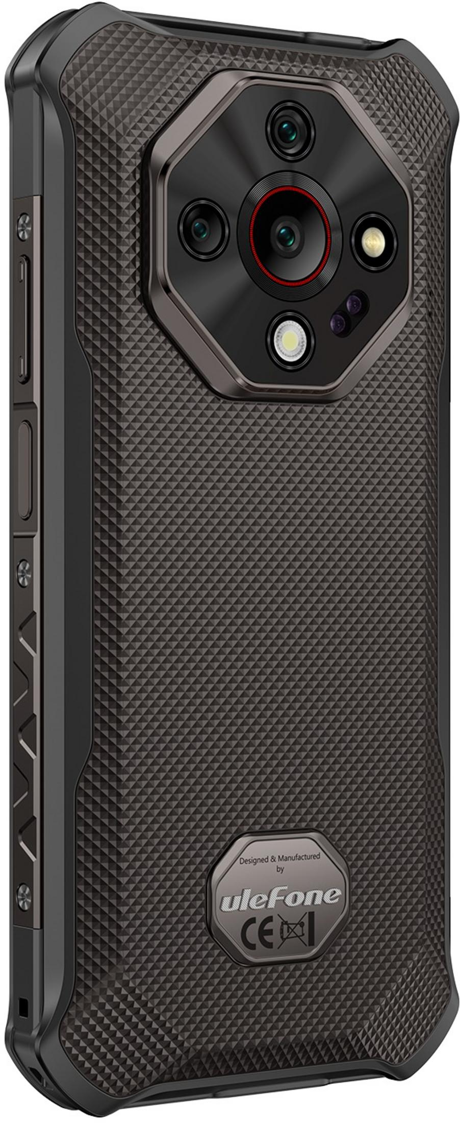 Parte trasera de un smartphone Ulefone negro rugerizado con textura y módulo de cámara octogonal.