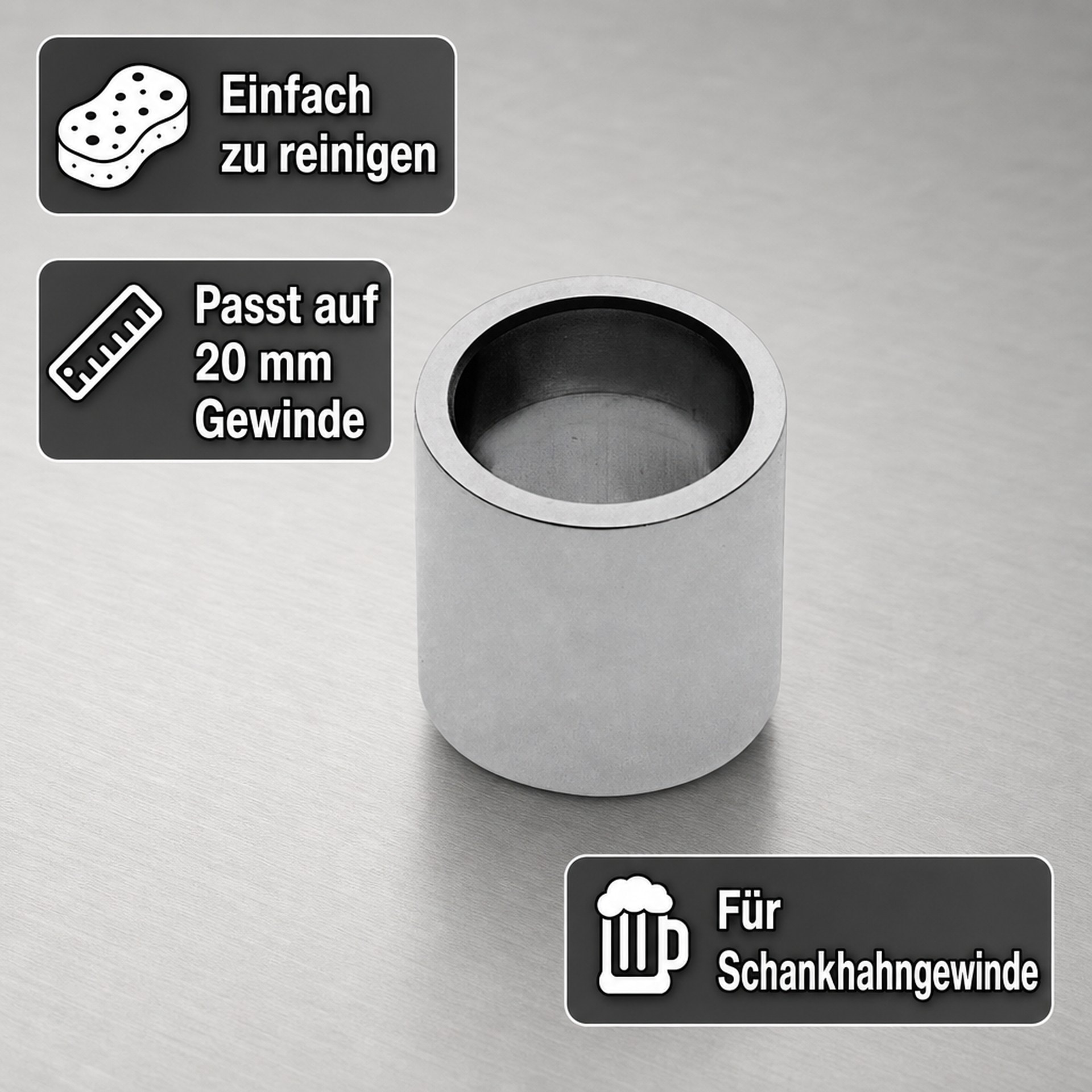 Anello di metallo su superficie spazzolata, con tre riquadri informativi per pulizia, filetto 20 mm e rubinetto.