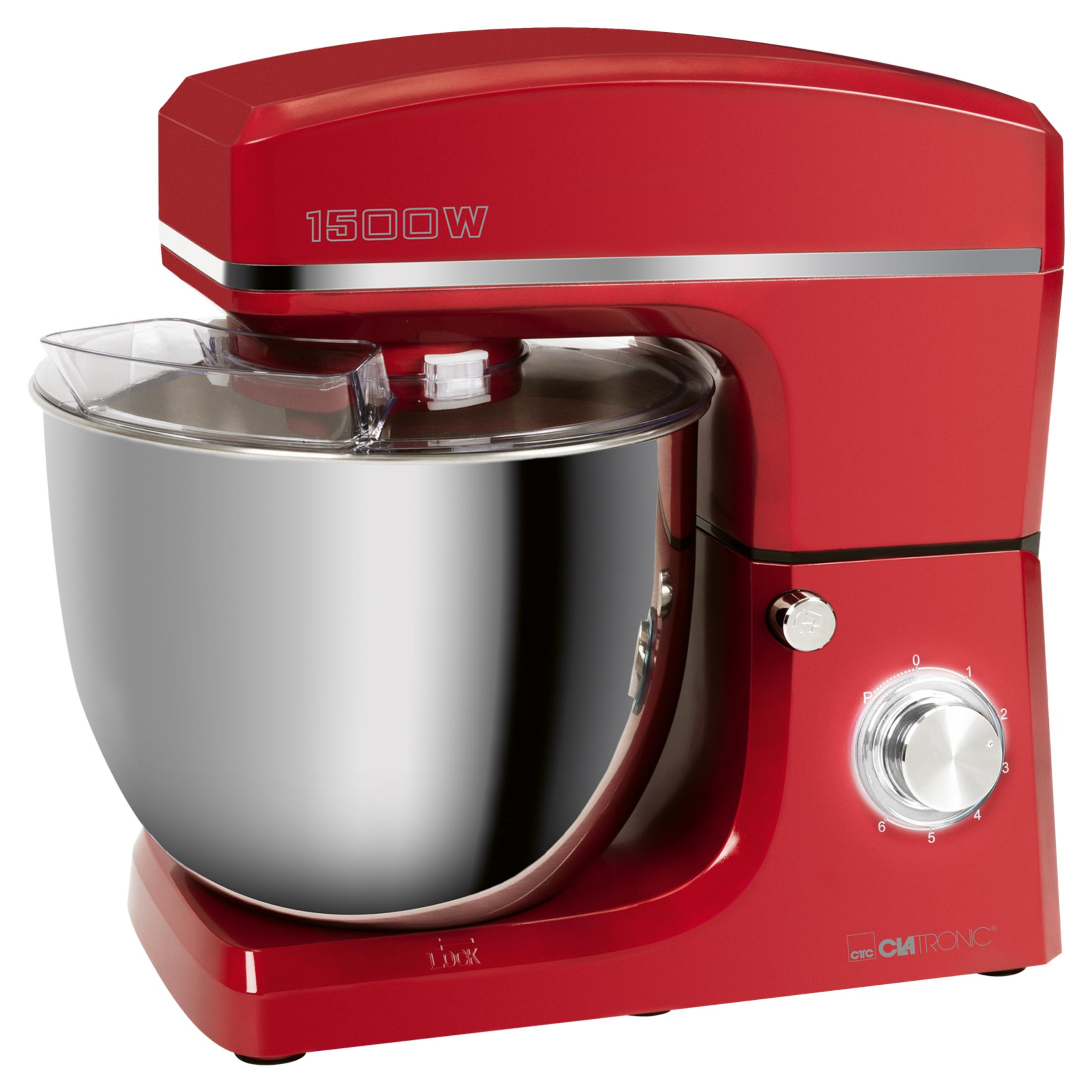Batidora de pie roja con 1500W y bol de acero inoxidable sobre fondo blanco.