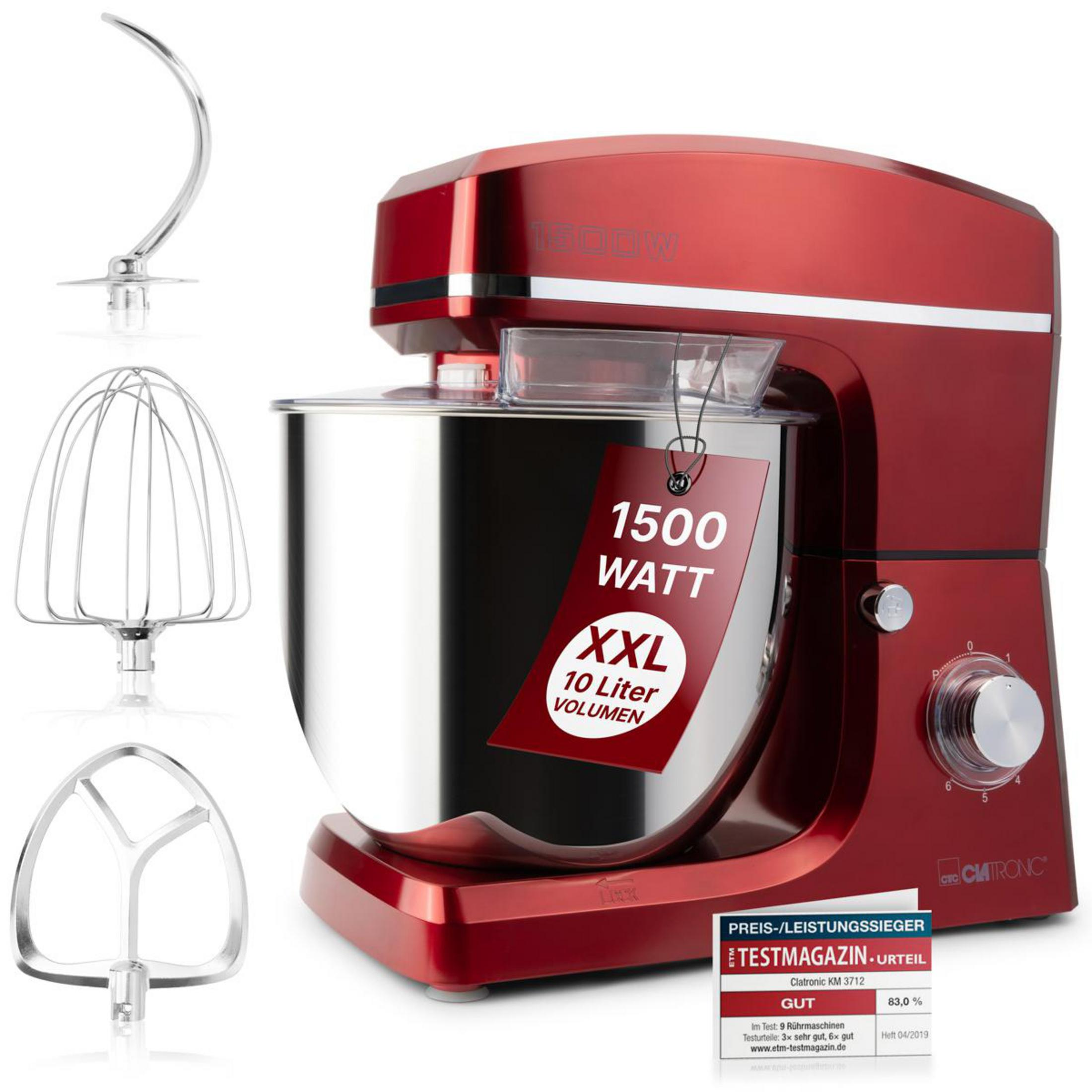 Una batidora de pie Clatronic roja con un bol de acero inoxidable grande y tres accesorios sobre fondo blanco.