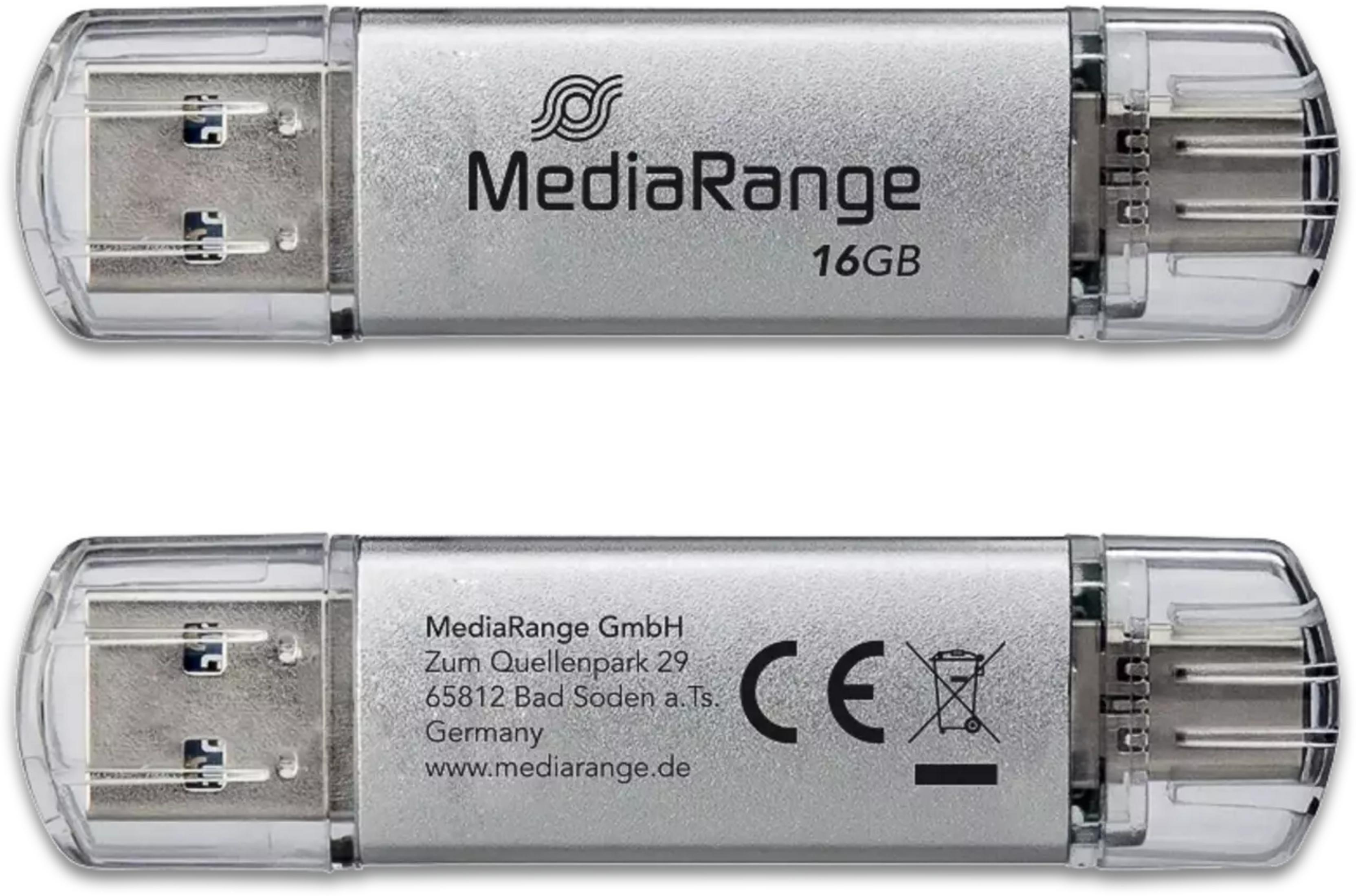 Twee weergaven van een zilveren MediaRange 16GB USB-flashdrive met transparante doppen op een witte achtergrond.