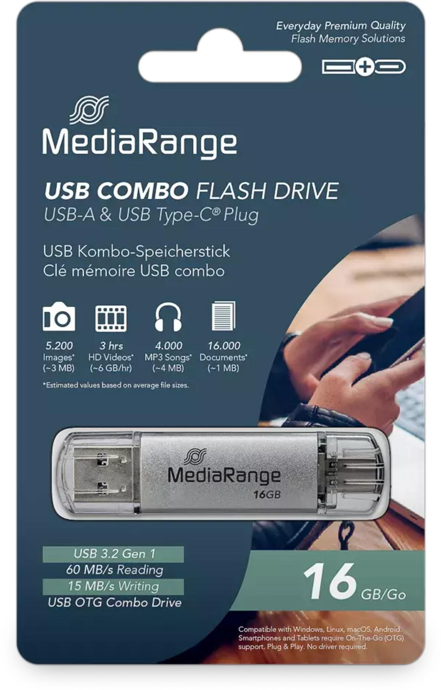 MediaRange USB Combo Flash Drive in verpakking met specificaties en 16GB capaciteit.