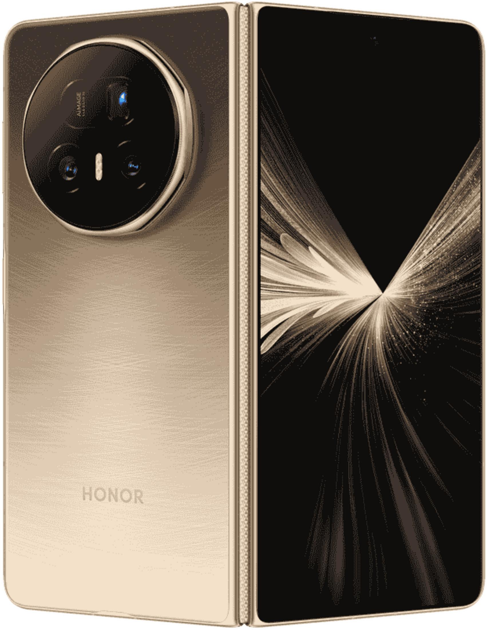 Smartphone pieghevole HONOR dorato con una grande fotocamera rotonda sul retro e schermo luminoso.