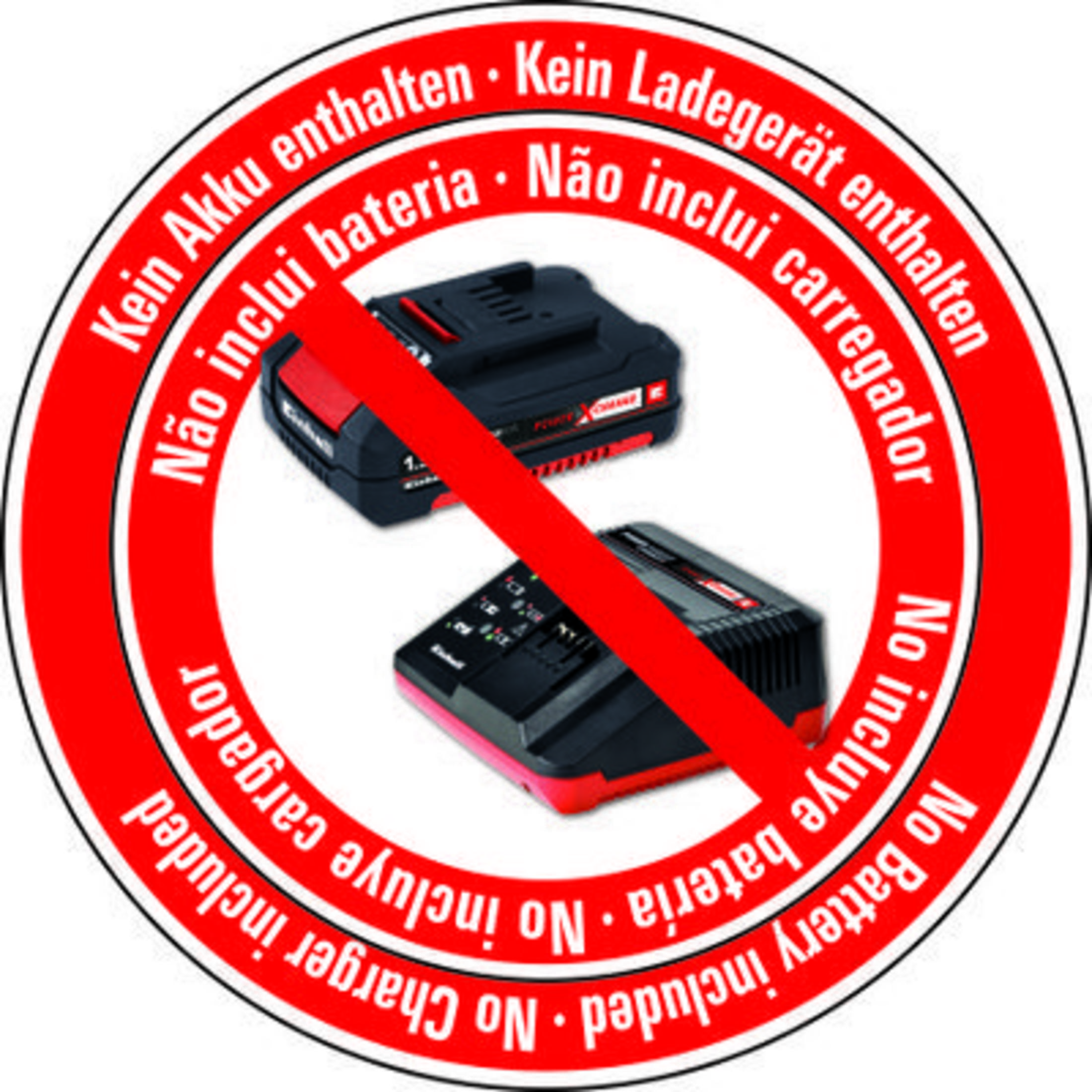 Rotes Verbotsschild zeigt, dass keine Batterie und kein Ladegerät im Lieferumfang enthalten sind.