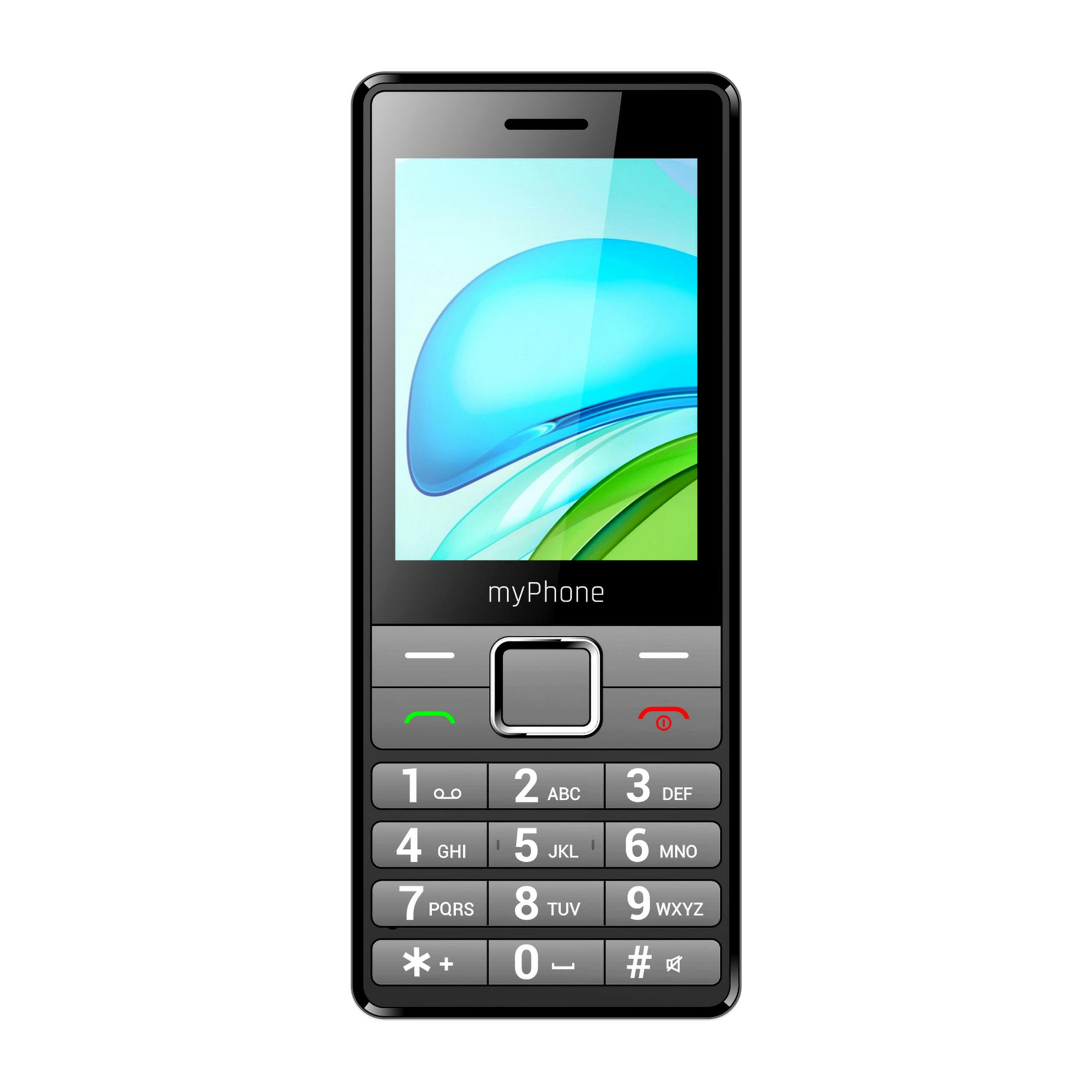 Un telefono cellulare nero myPhone con schermo blu e verde e tastiera fisica.