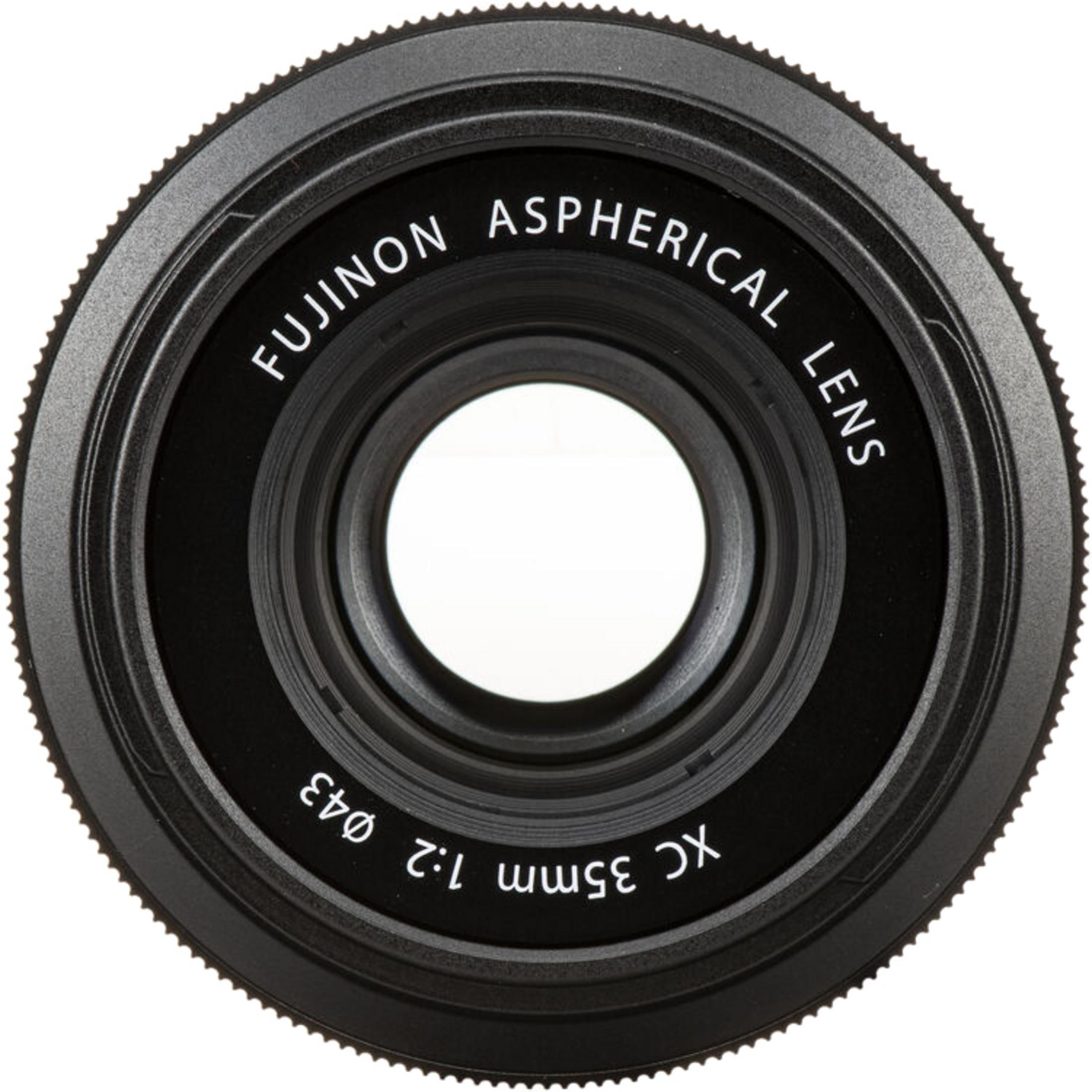 Lente de cámara negra Fujinon Aspherical Lens 35mm f/2 vista de frente.