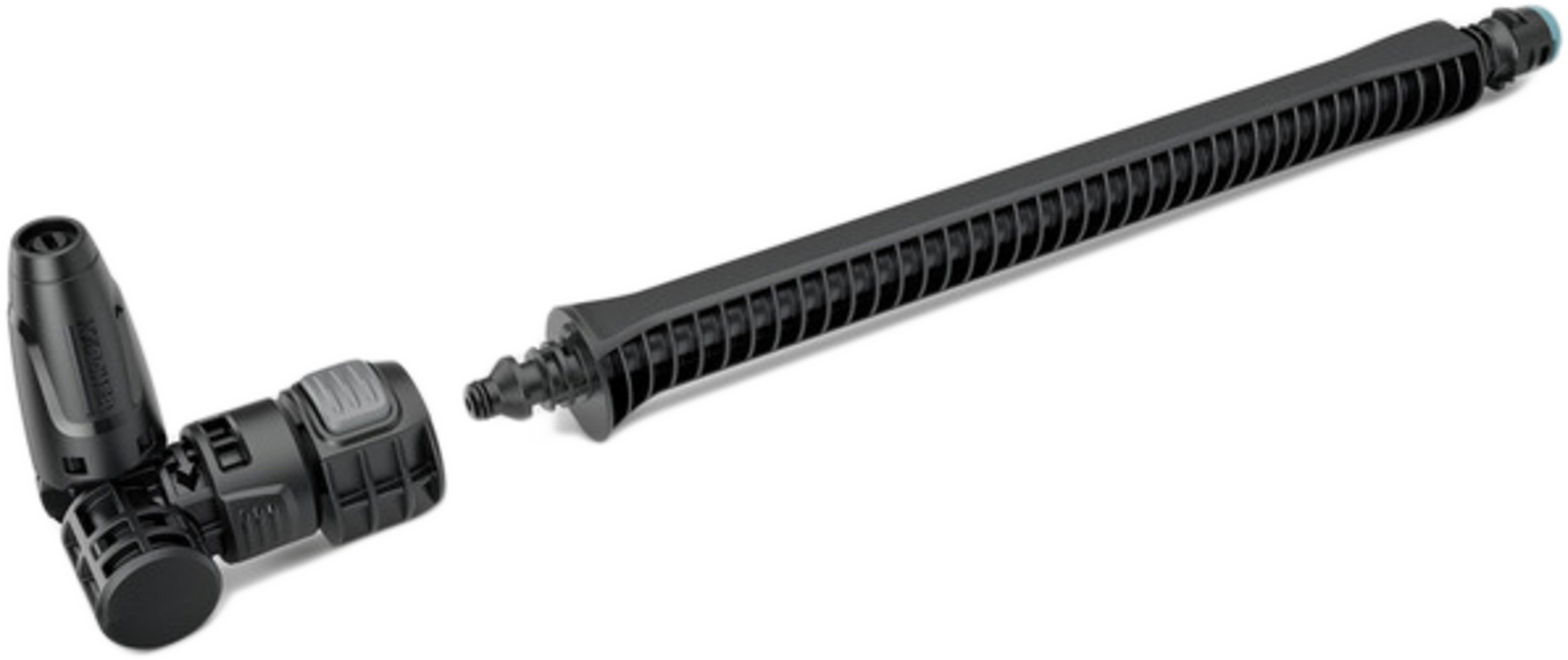 Accesorio negro para hidrolimpiadora Kärcher con varilla estriada y pieza adaptadora sobre fondo blanco.