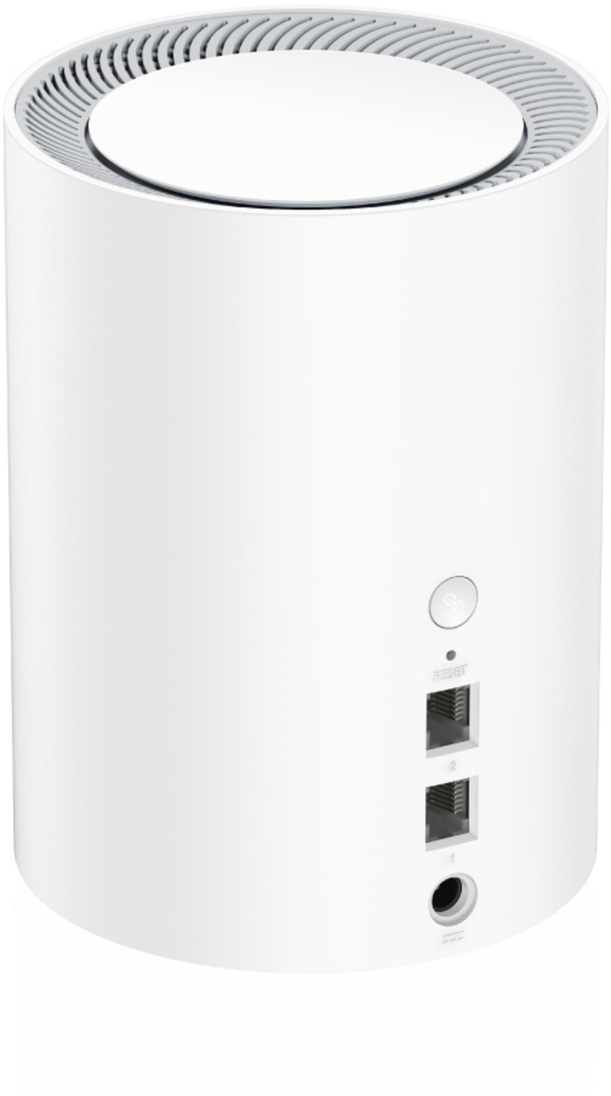 Yivli üst kenara, sıfırlama düğmesine, iki ethernet bağlantı noktasına ve güç jakına sahip beyaz silindirik bir wifi yönlendirici.