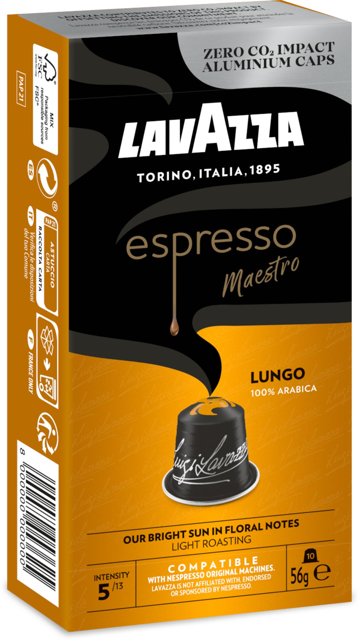 Lavazza Espresso Maestro Lungo Kaffeekapselverpackung in Schwarz und Gold mit Kapselabbildung.