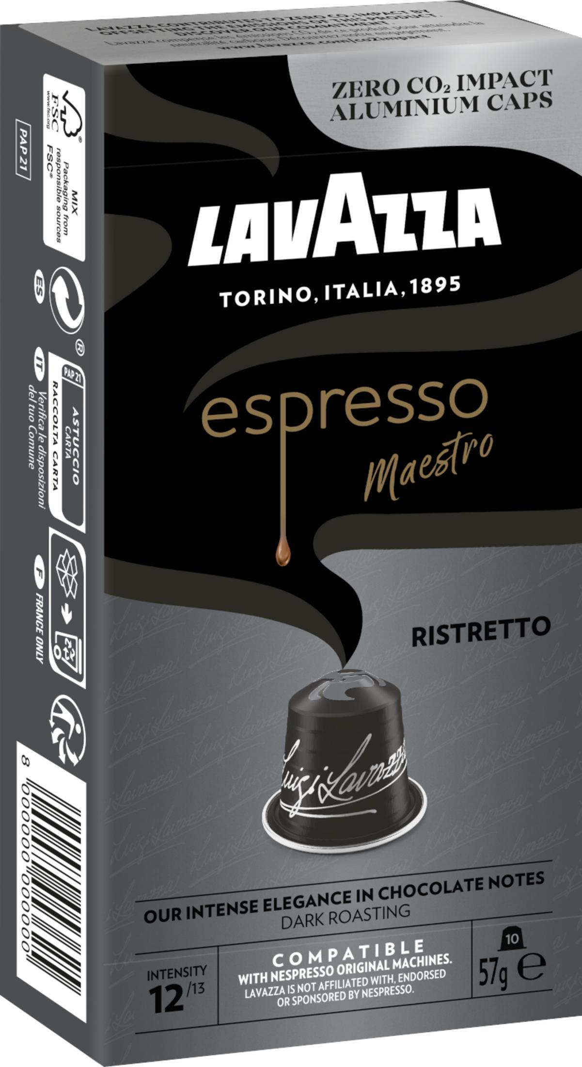 Empaque de cápsulas de café Lavazza Espresso Maestro Ristretto en negro y plata con gráfico de cápsula.