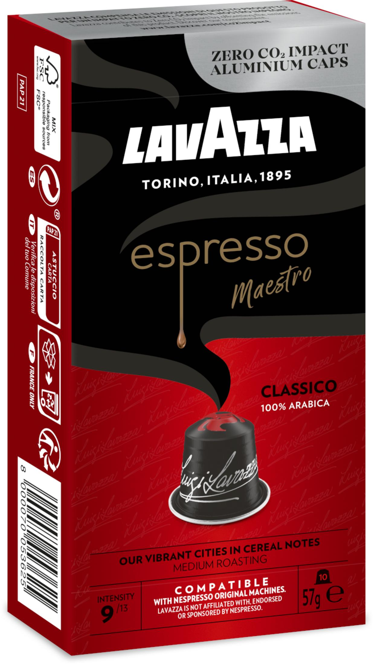 Scatola di capsule caffè Lavazza Espresso Maestro Classico nera e rossa con grafica.