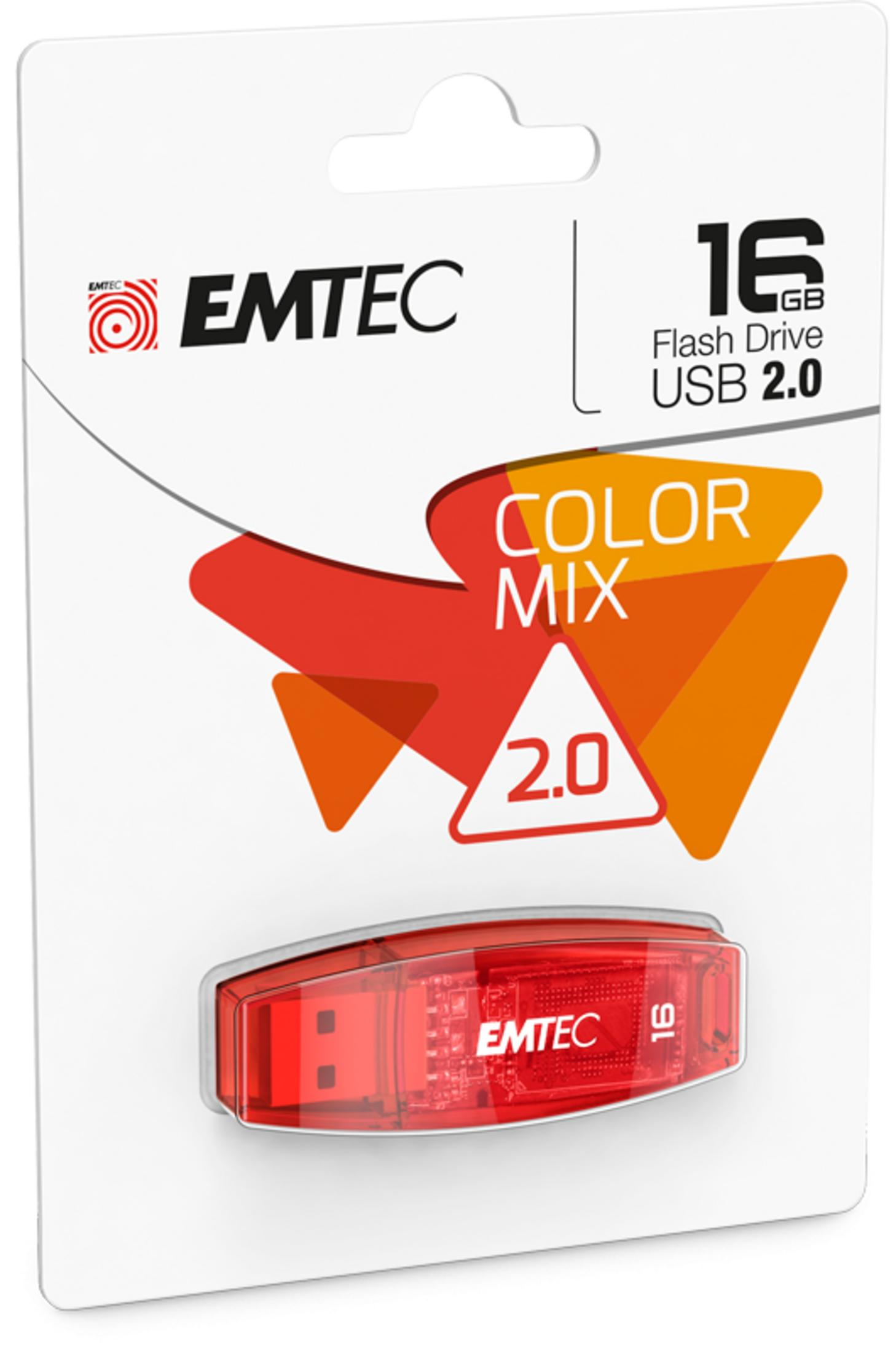 Opakowanie czerwonej pamięci flash EMTEC 16 GB USB 2.0 na białym tle.
