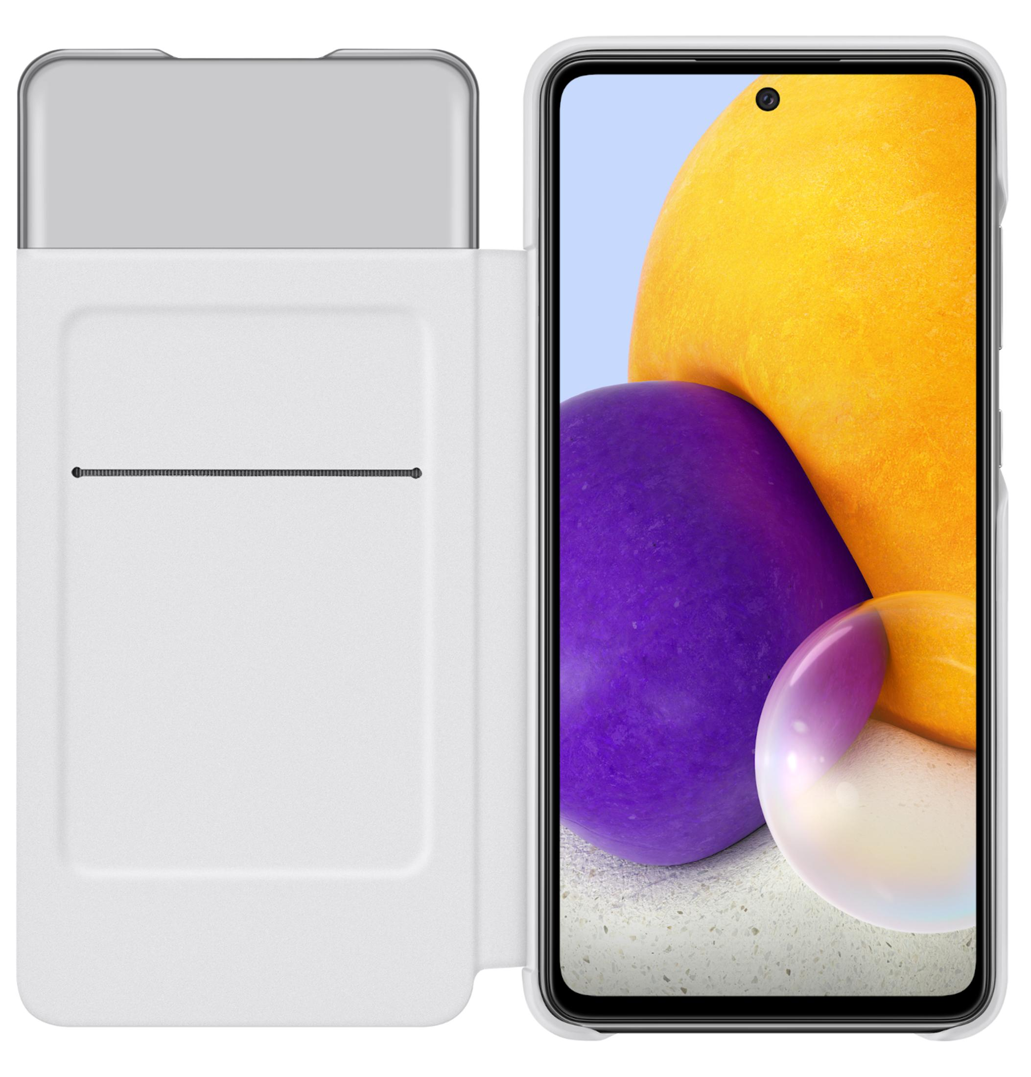 Ein weißes Flip-Cover mit Kartenfach und ein Smartphone mit buntem Hintergrund.