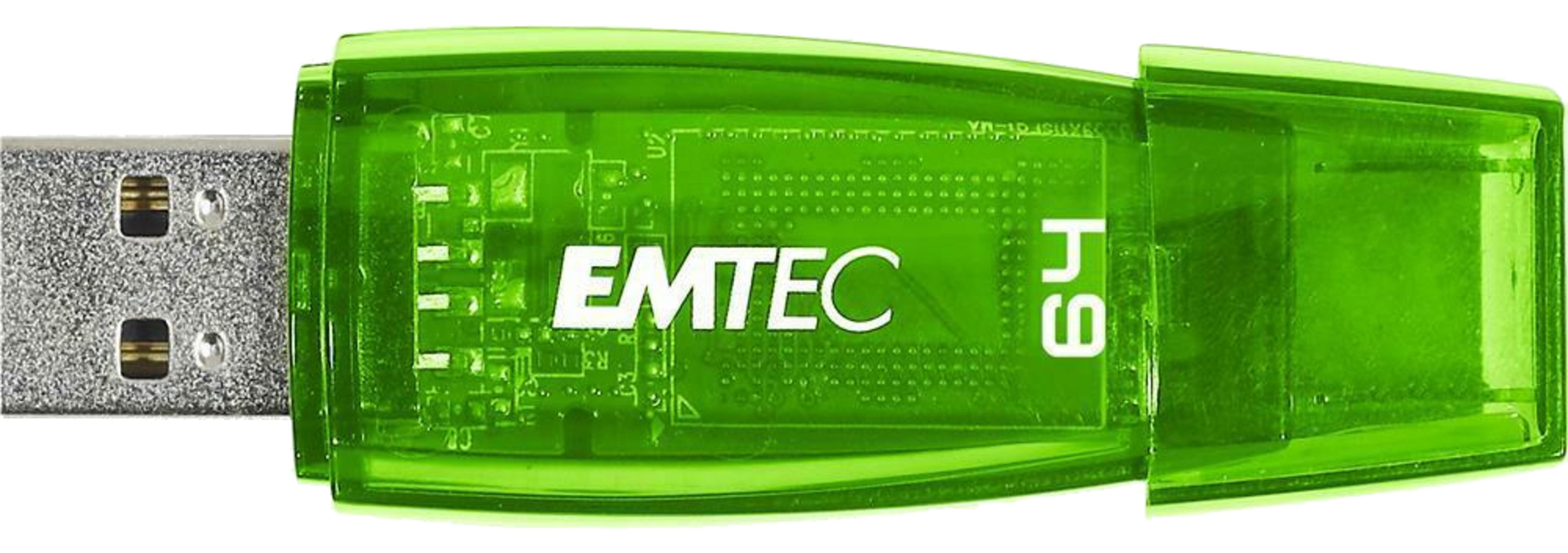 Memoria USB EMTEC translúcida verde de 64 GB que muestra circuitos internos sobre fondo blanco.
