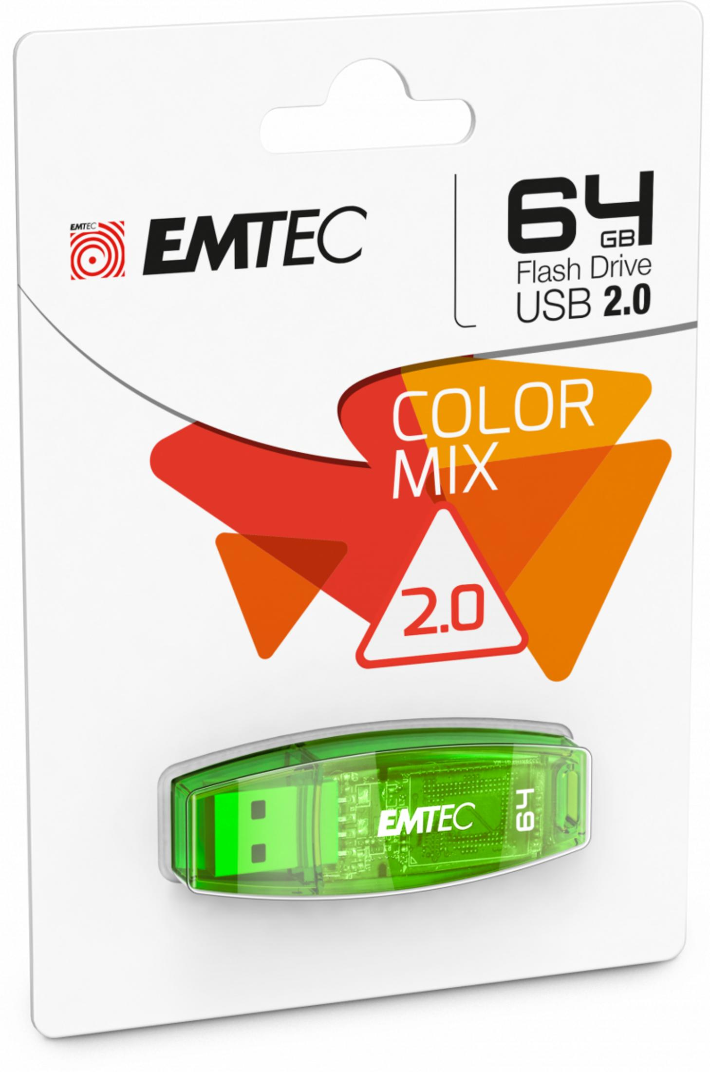 Embalaje de una memoria USB Emtec 64GB USB 2.0 verde con gráficos color mix.
