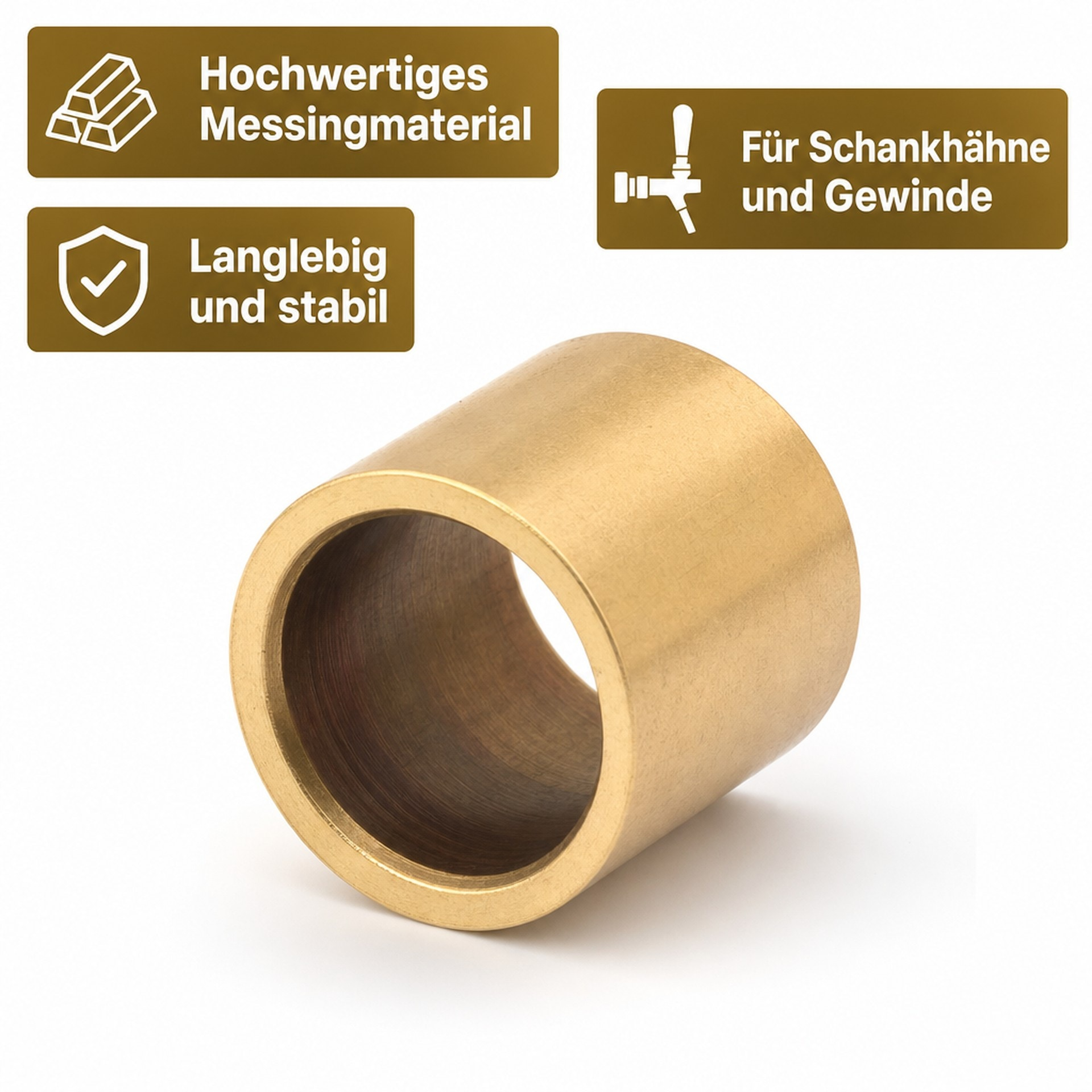 Un anello cilindrico in ottone su sfondo bianco con tre riquadri di informazioni testuali.