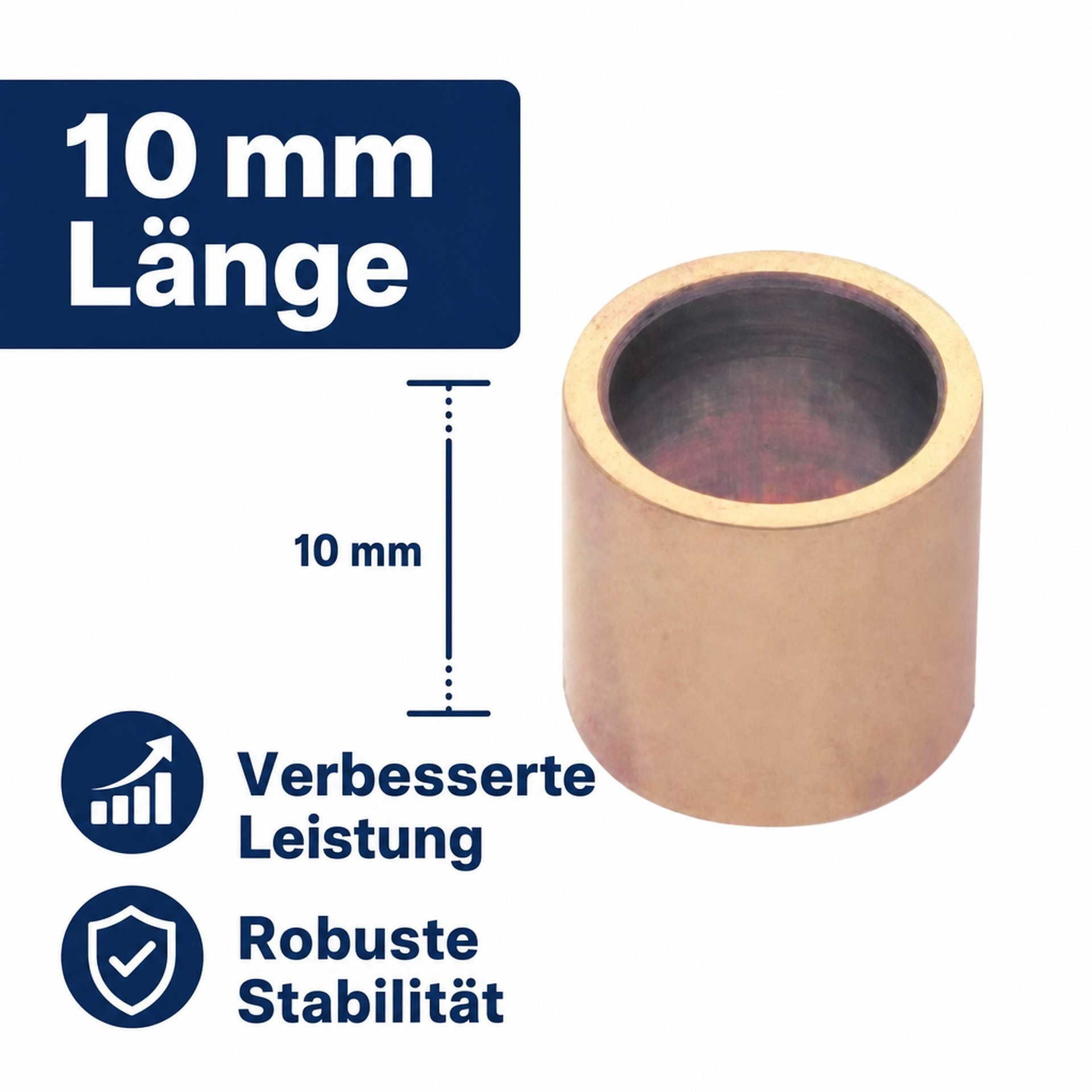 Una piccola boccola in metallo color bronzo lunga 10 mm, accanto a testo e icone su sfondo bianco.