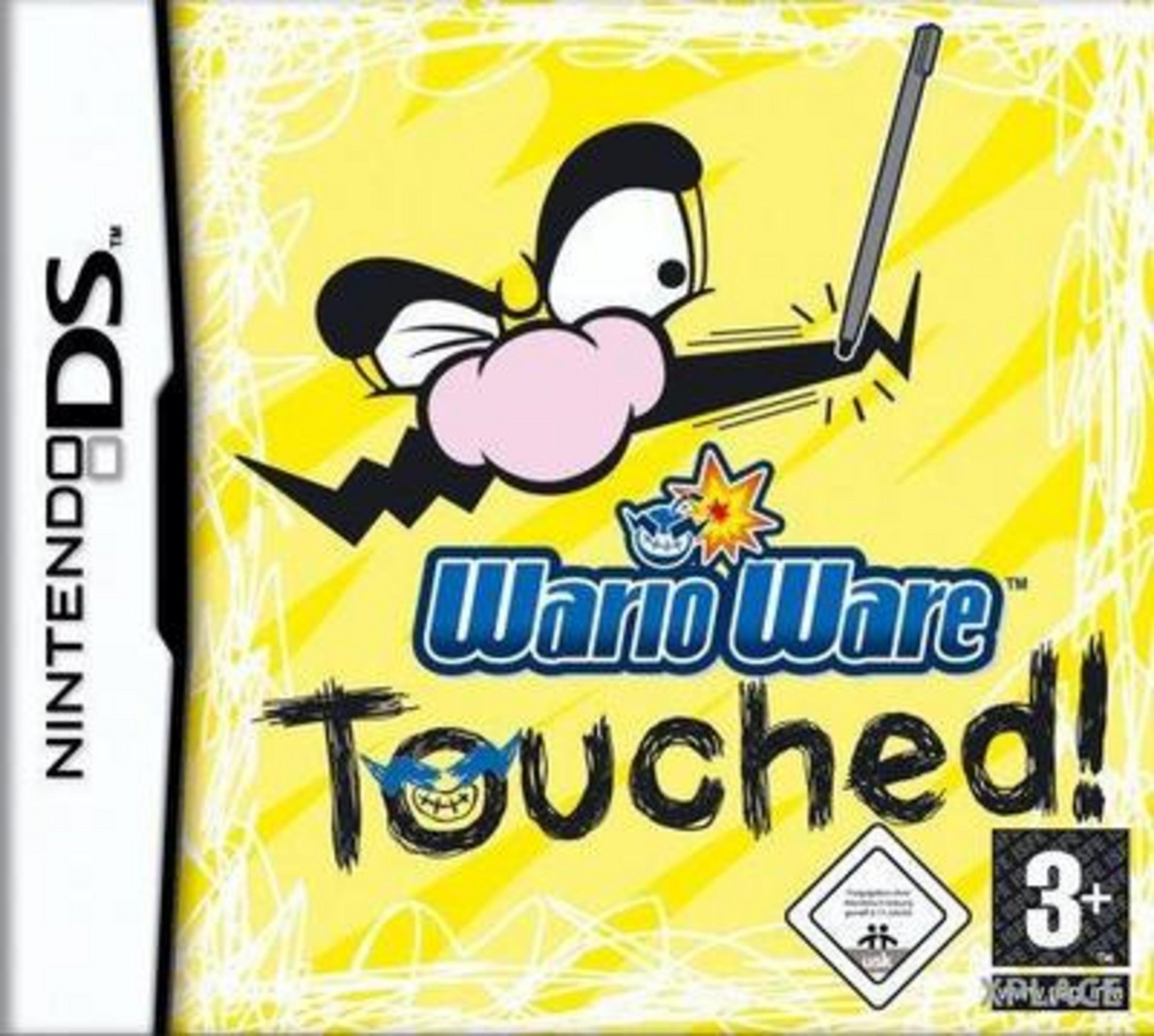 Nintendo DS Spielhülle von WarioWare Touched mit gelbem Hintergrund und gezeichnetem Charakter.