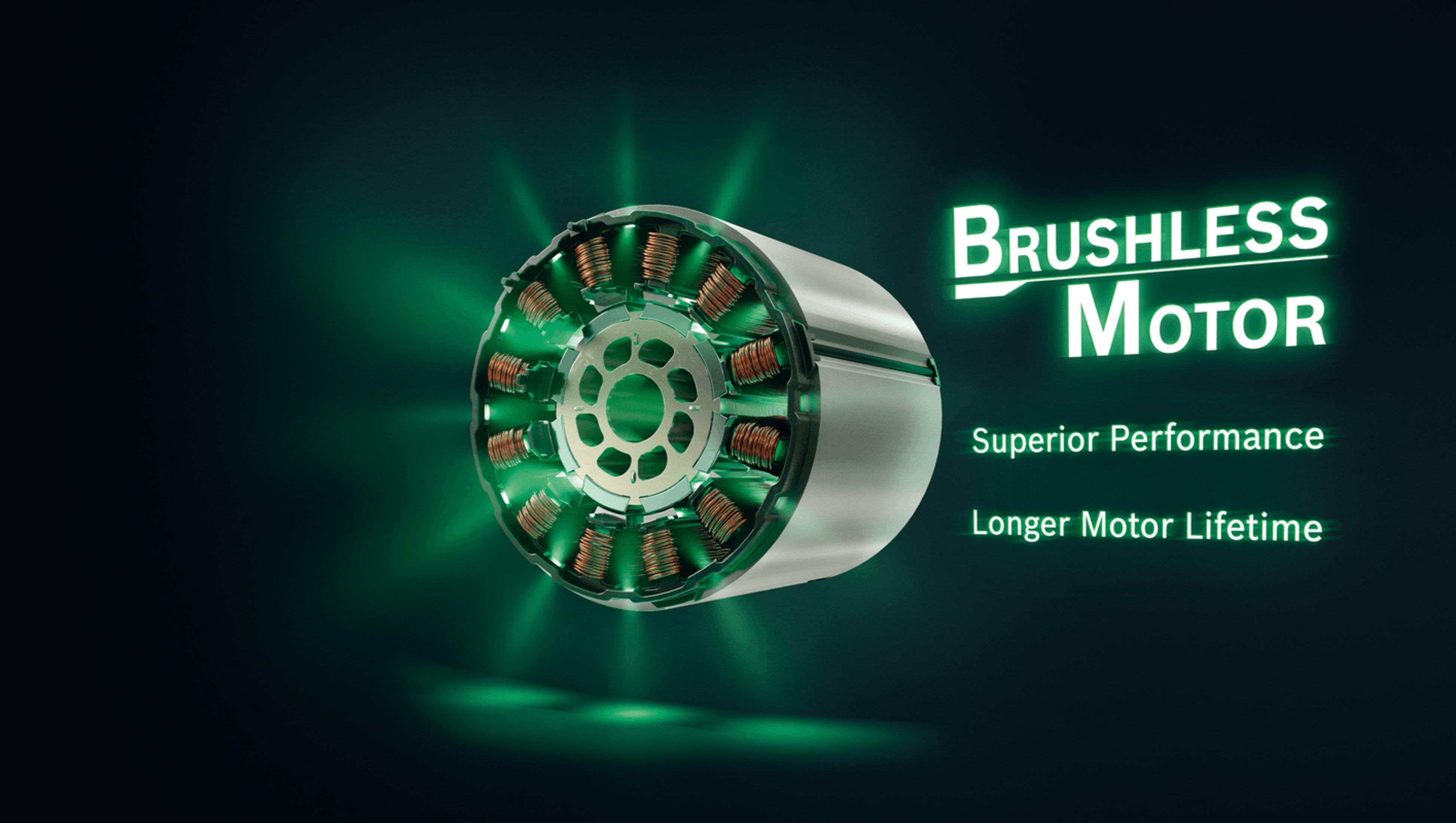 Un motore brushless cilindrico con bobine in rame e bagliore verde, con il testo "Brushless Motor".