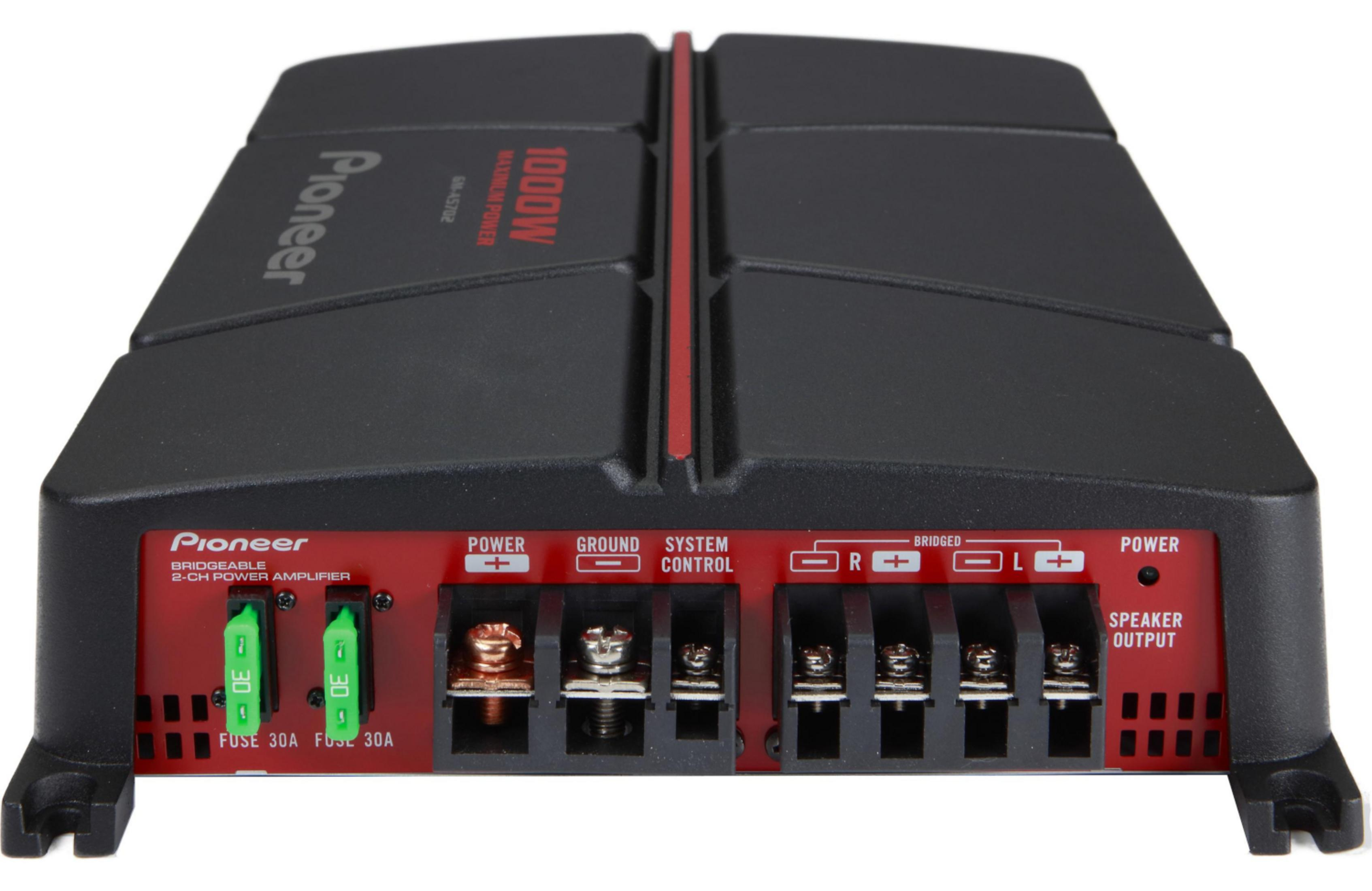 Schwarzer Pioneer 1000W 2-Kanal-Autoverstärker mit rot akzentuiertem Bedienfeld und Anschlüssen.