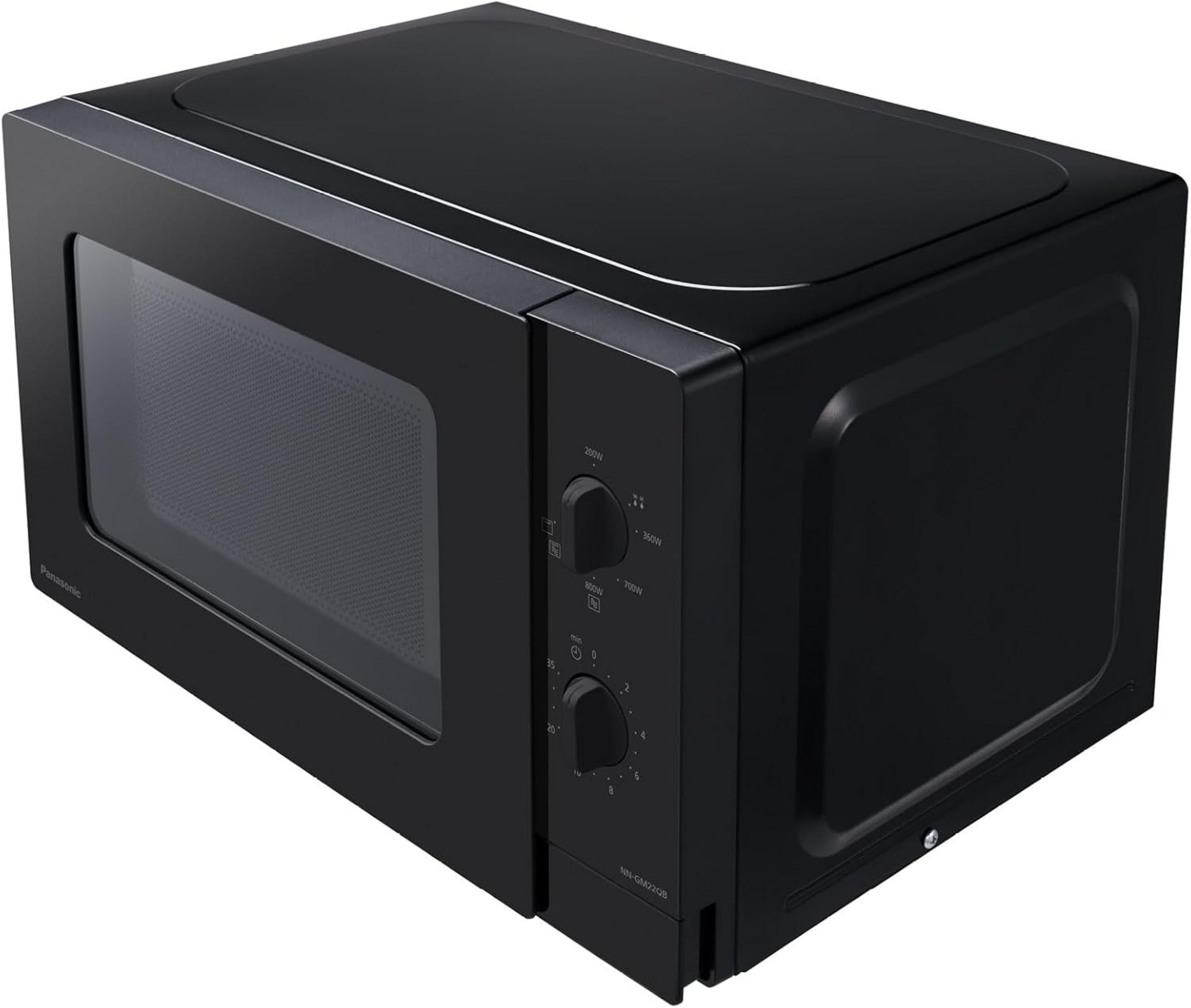 Eine schwarze Panasonic Mikrowelle mit Glastür und zwei Drehreglern auf der rechten Seite.