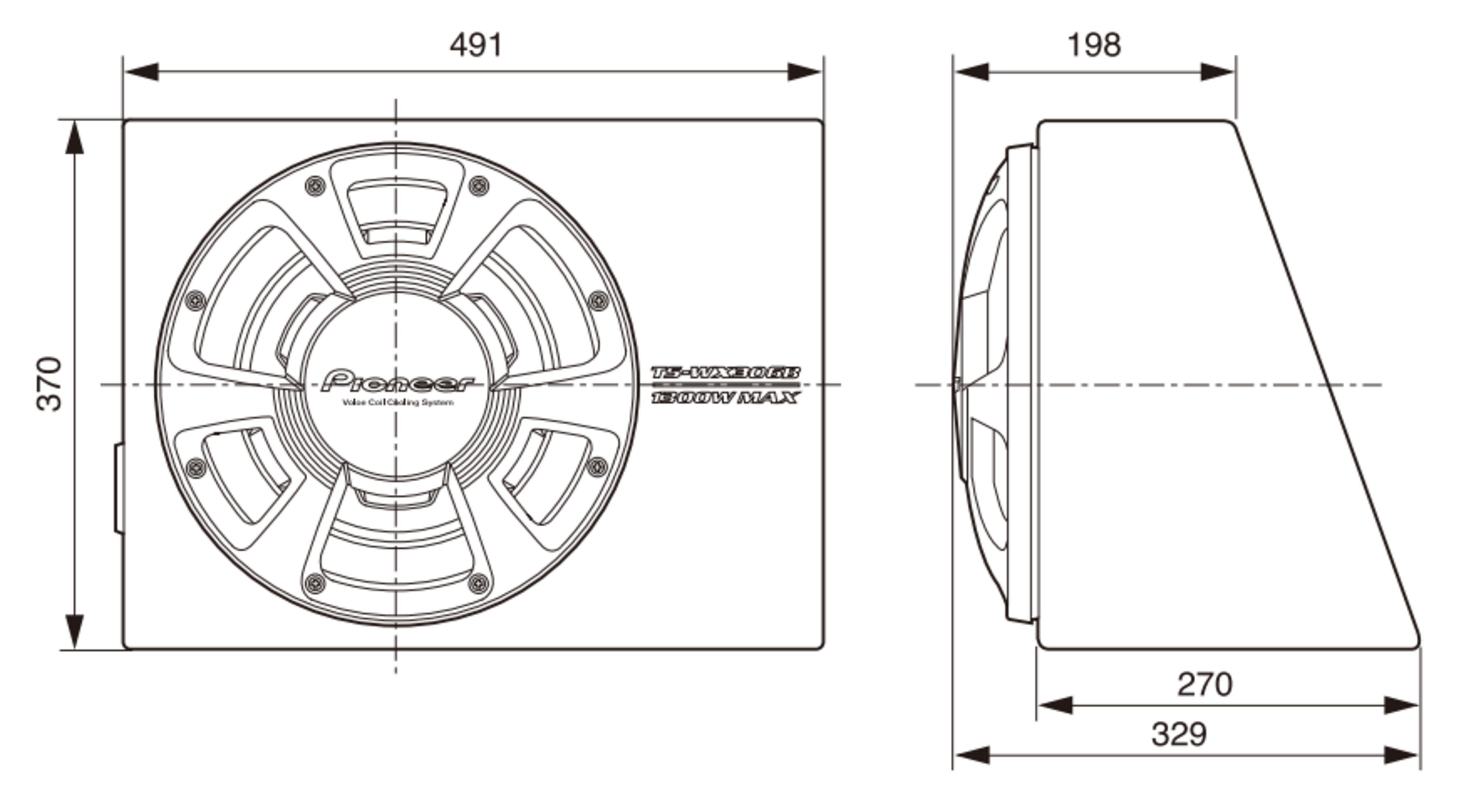 Technische Zeichnung eines Pioneer Subwoofers mit Maßangaben in mm aus Vorder- und Seitenansicht.