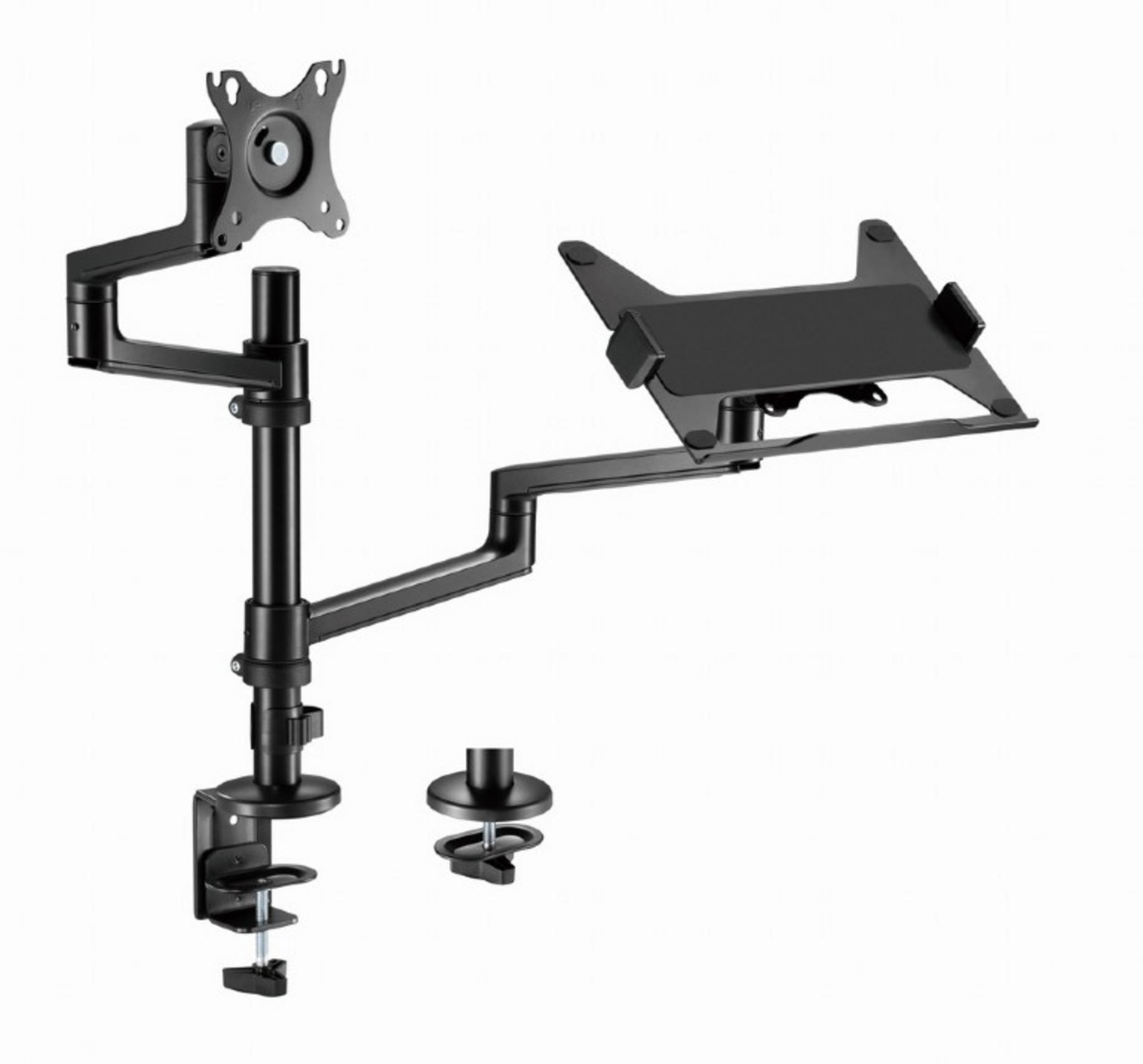 Schwarzer Tischhalter mit einem verstellbaren Monitorarm und einer Laptop-Halterung auf weißem Hintergrund.