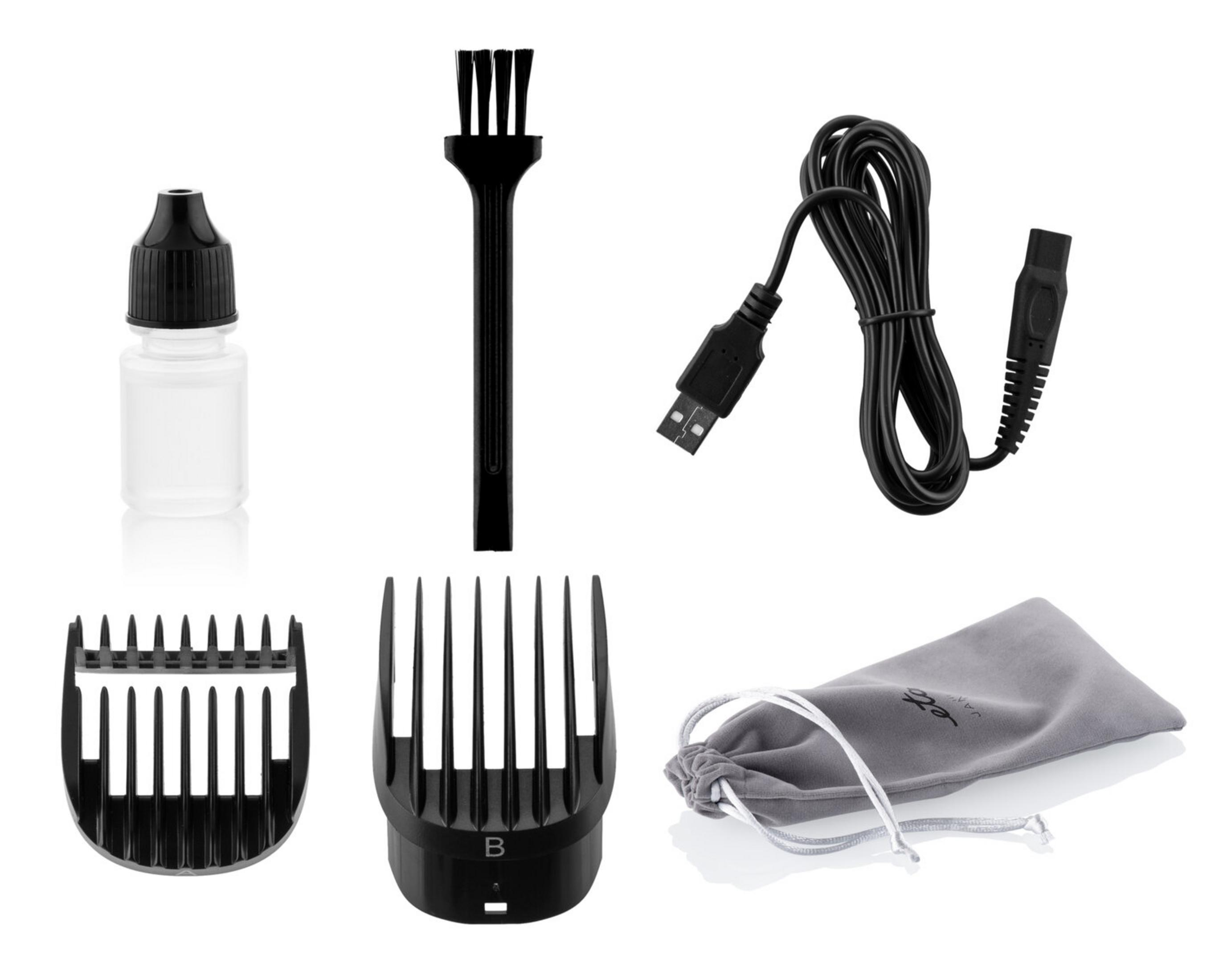 Accessori per tagliacapelli: olio, spazzola, cavo USB, due pettini guida e una custodia grigia.