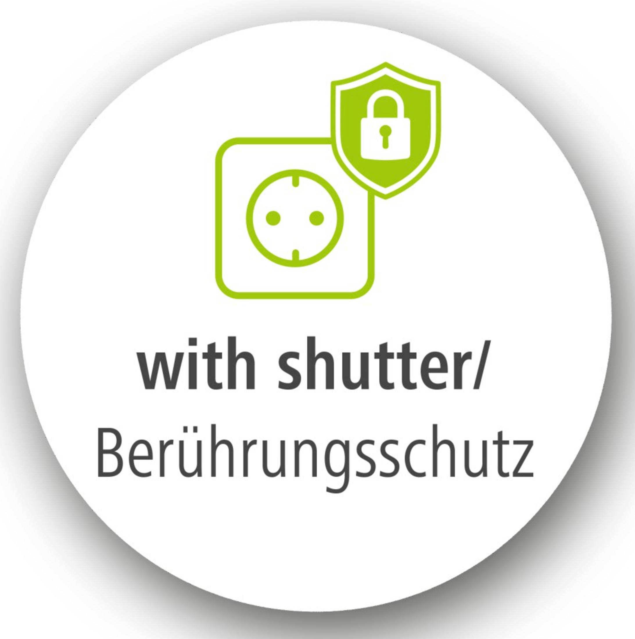 Icono de un enchufe con un candado y el texto with shutter/Berührungsschutz.