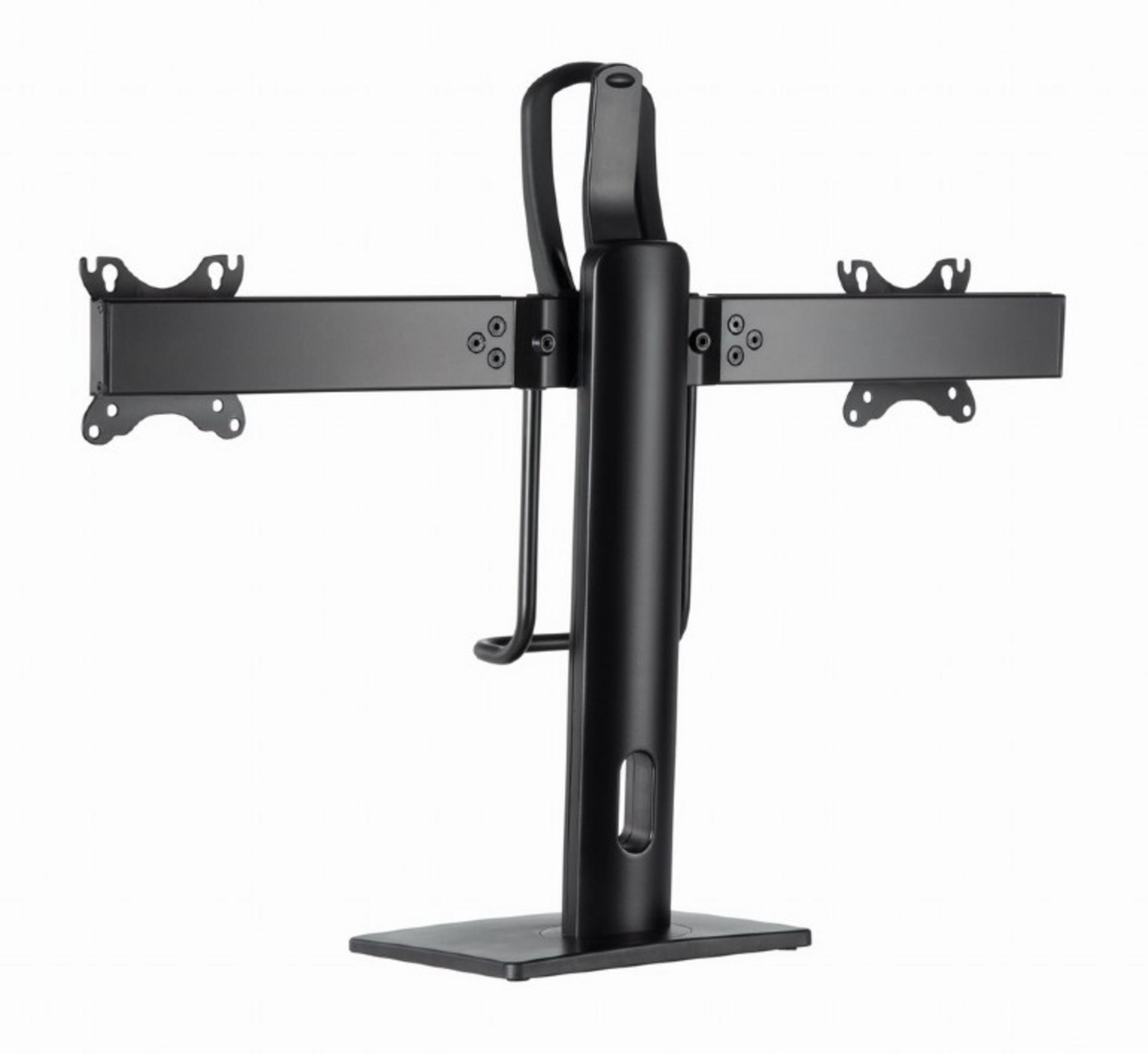 Ein schwarzer Dual-Monitor-Tischständer mit vertikaler Säule, flachem Fuß und zwei verstellbaren Armen.