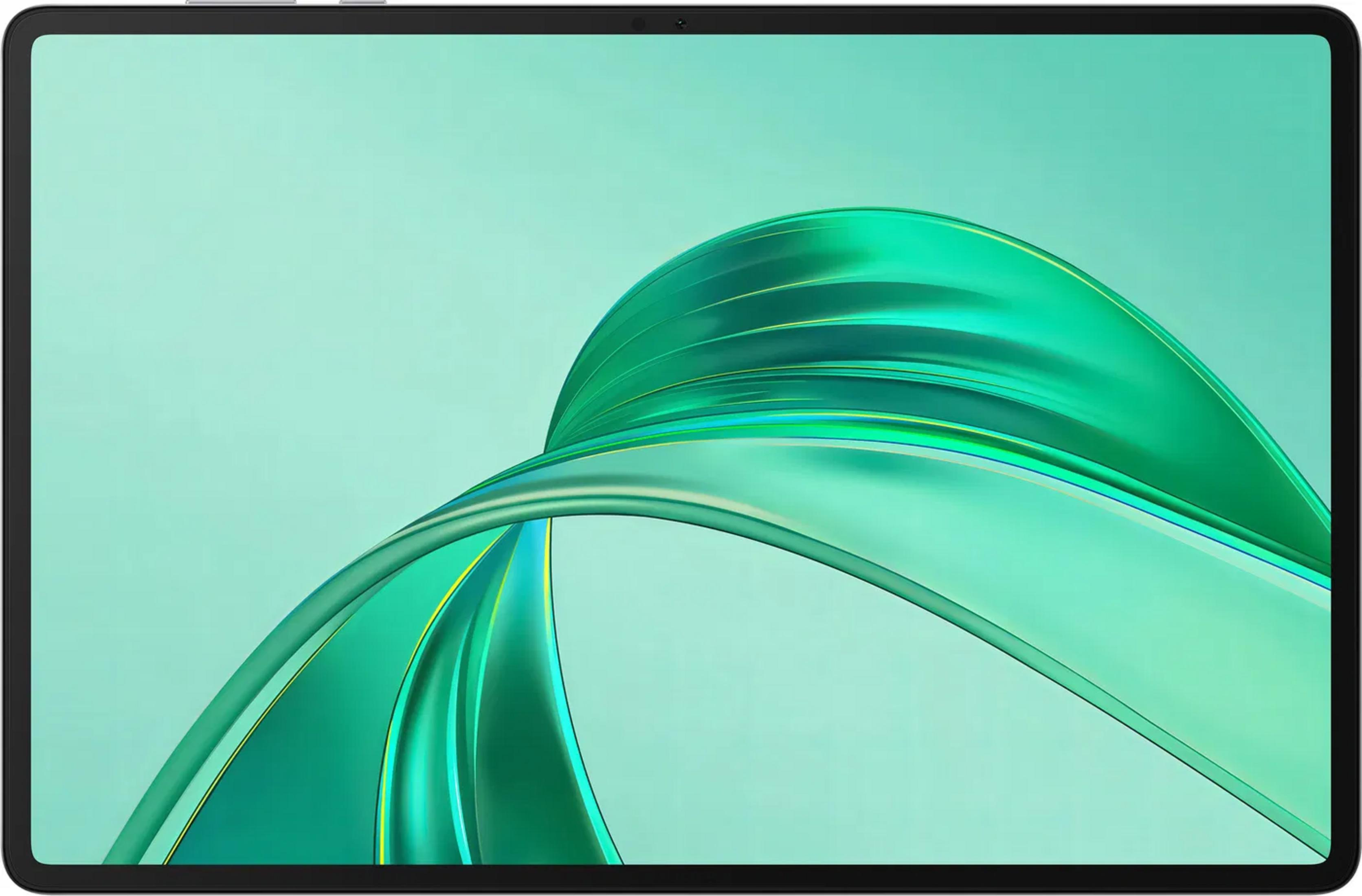 Un tablet con un design a nastro verde curvo e liscio sullo schermo su sfondo verde chiaro.