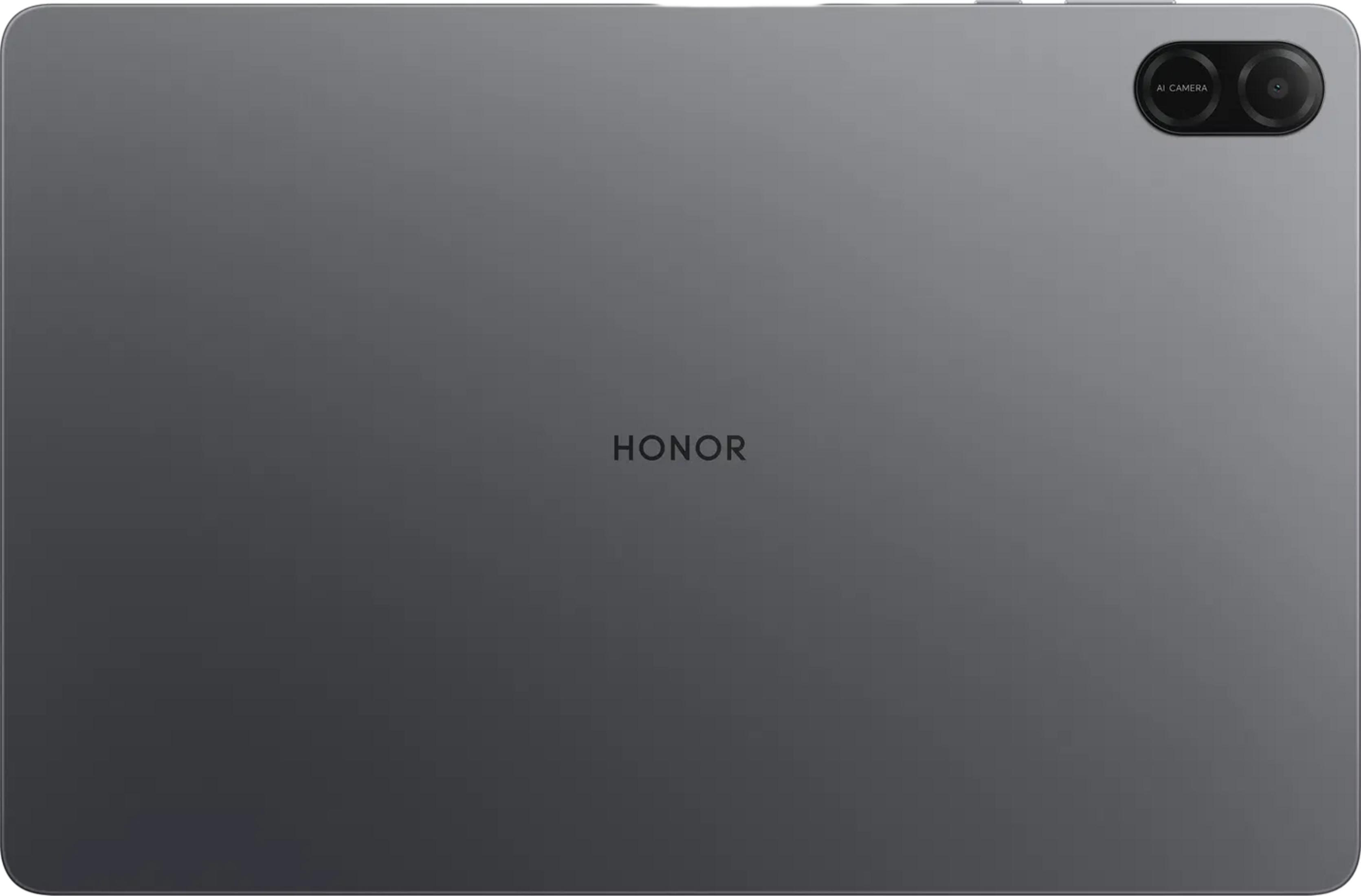 Retro di un tablet grigio Honor con modulo a doppia fotocamera e logo centrale.