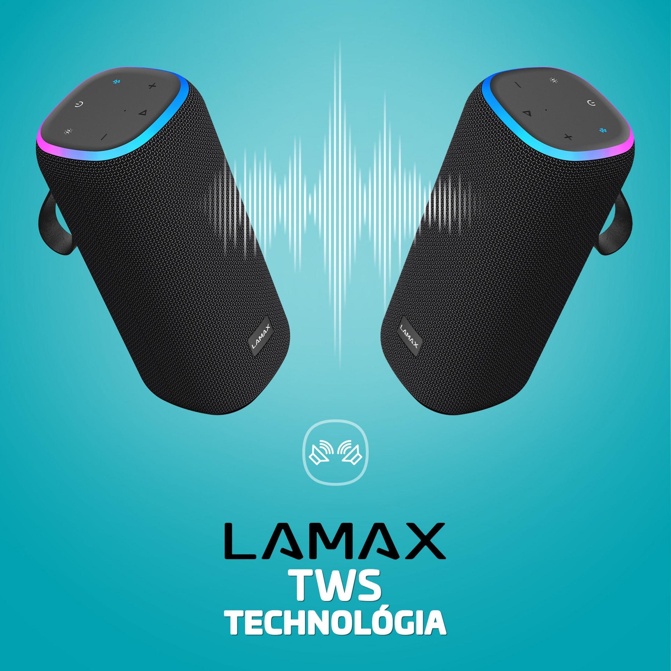 Zwei schwarze Lamax-Lautsprecher auf blauem Hintergrund mit weißen Klangwellen und dem Text Lamax TWS Technológia.