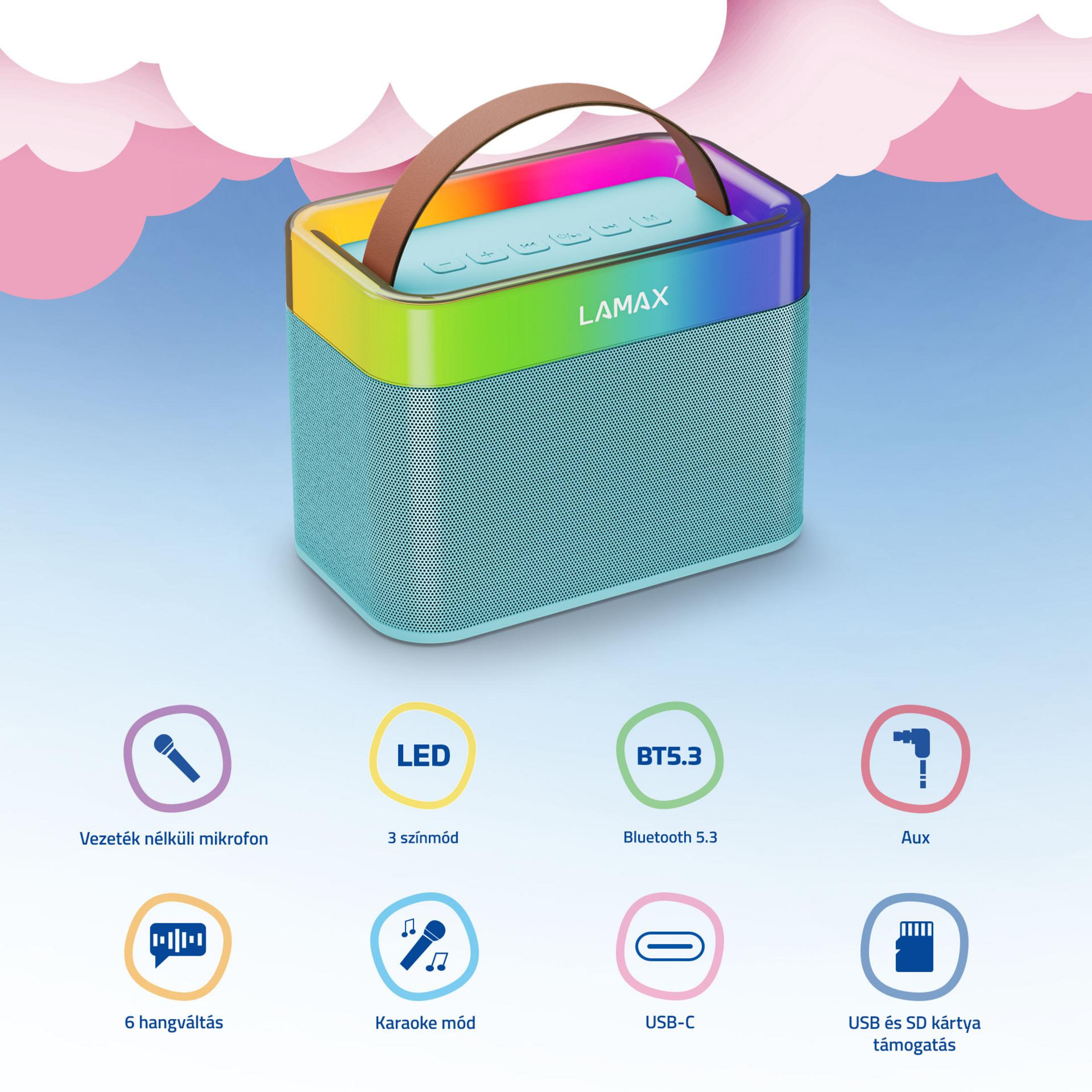 Altoparlante Bluetooth Lamax con maniglia, LED colorati e icone di funzioni su sfondo blu.