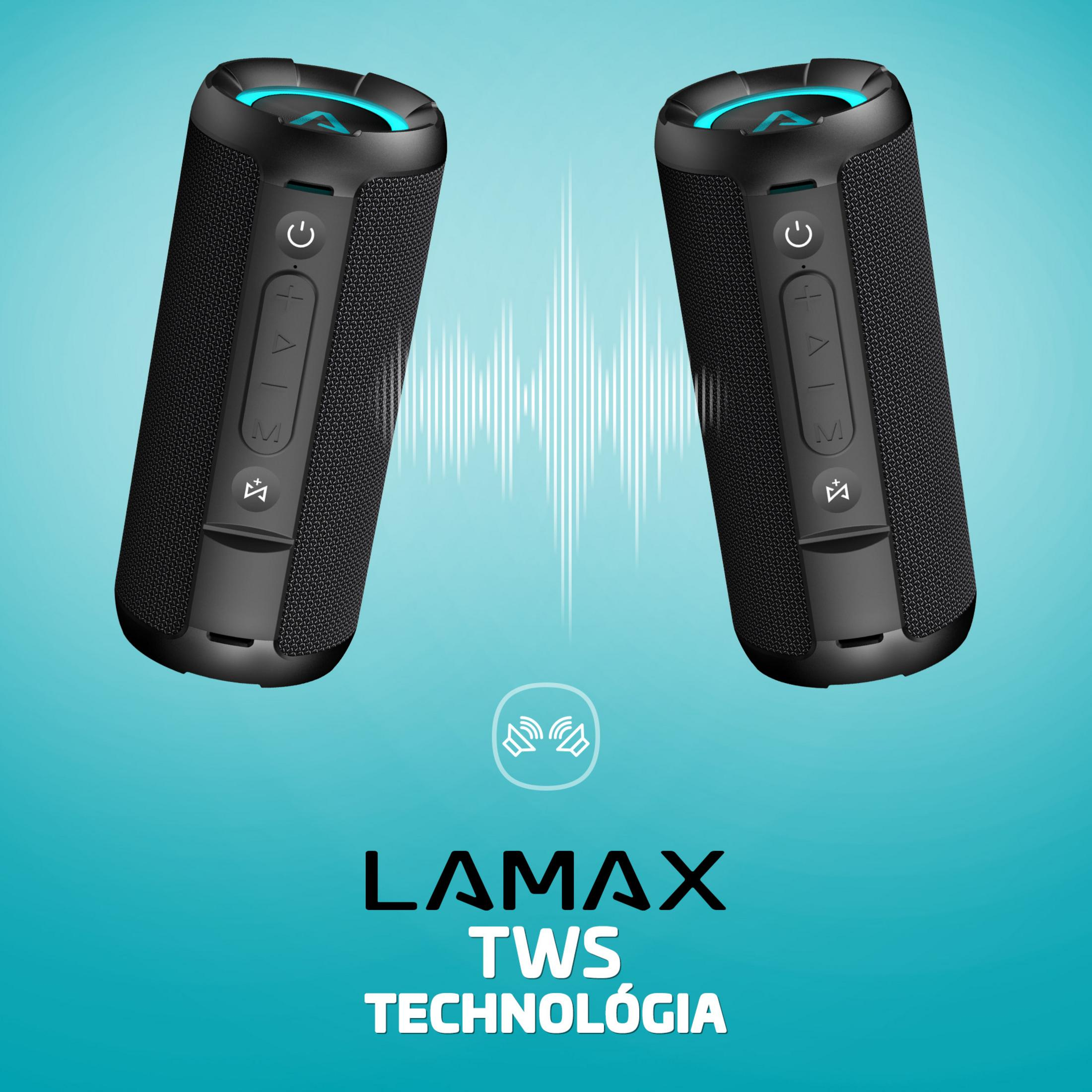 Due altoparlanti Bluetooth Lamax neri su sfondo blu con onde sonore bianche e il testo Lamax TWS Technológia.