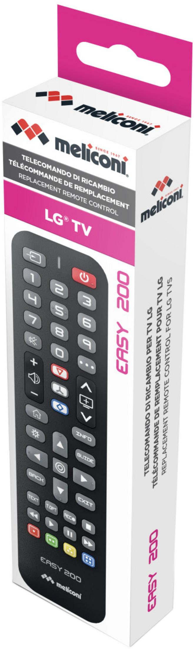 Caja de embalaje para el mando de repuesto Meliconi Easy 200 para LG TV, en color blanco y rosa.