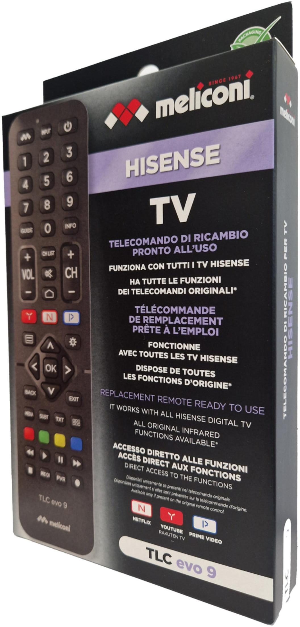 Mando a distancia de repuesto Meliconi para televisores Hisense en caja negra.