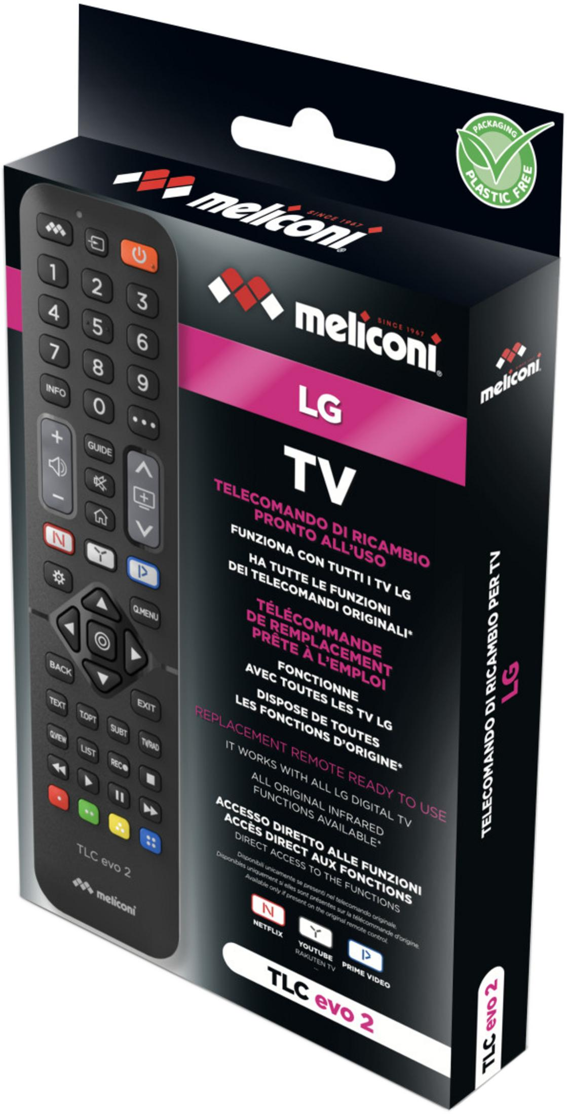Mando a distancia de repuesto Meliconi para TV LG en caja negra con características.