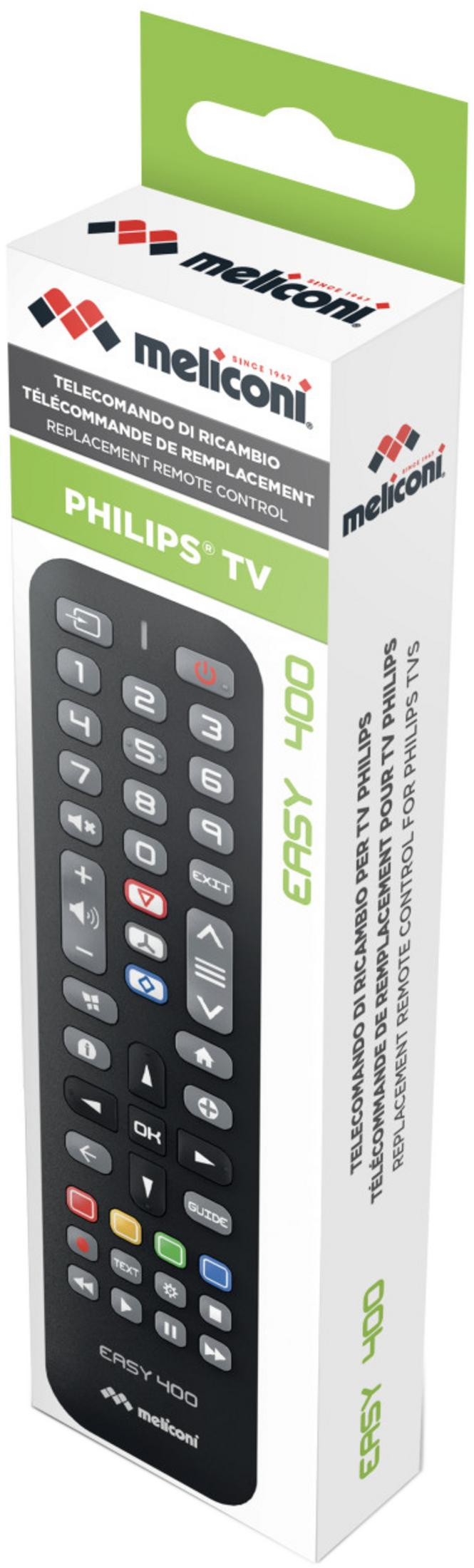 Embalaje de un mando a distancia de repuesto Meliconi Easy 400 para TV Philips.