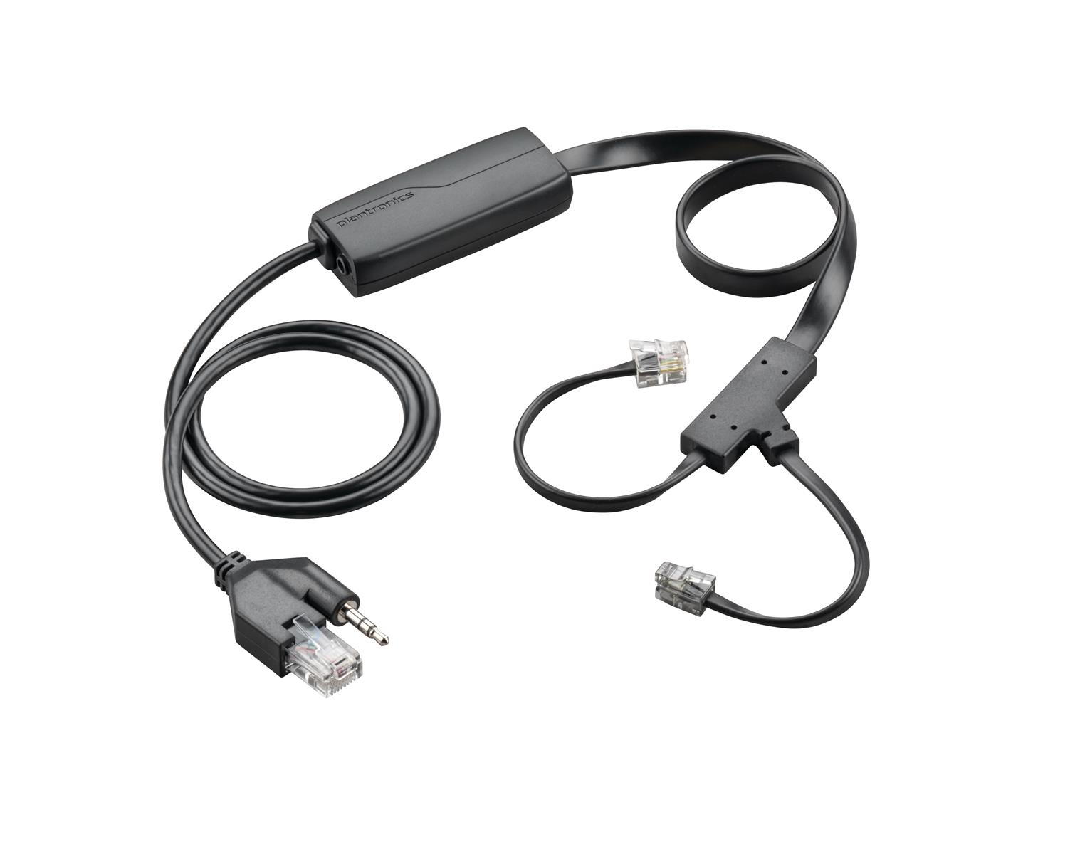 Cavo per cuffie Plantronics nero con modulo in linea e connettori RJ9 e jack da 3,5 mm su sfondo bianco.