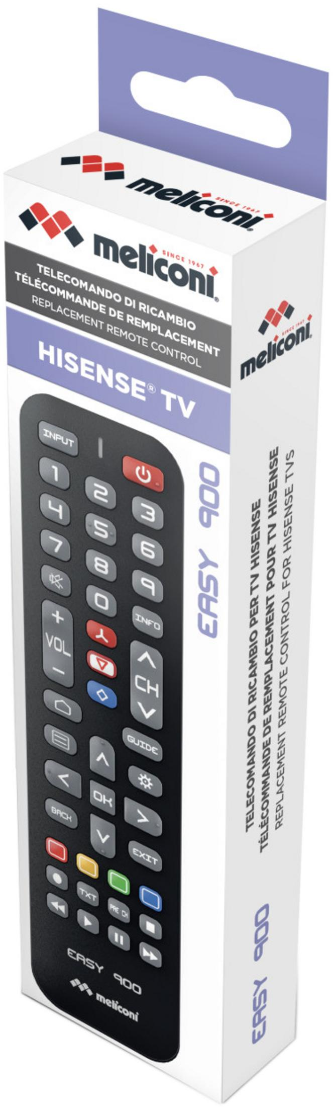 Embalaje del mando a distancia de repuesto Meliconi Easy 900 para televisores Hisense.