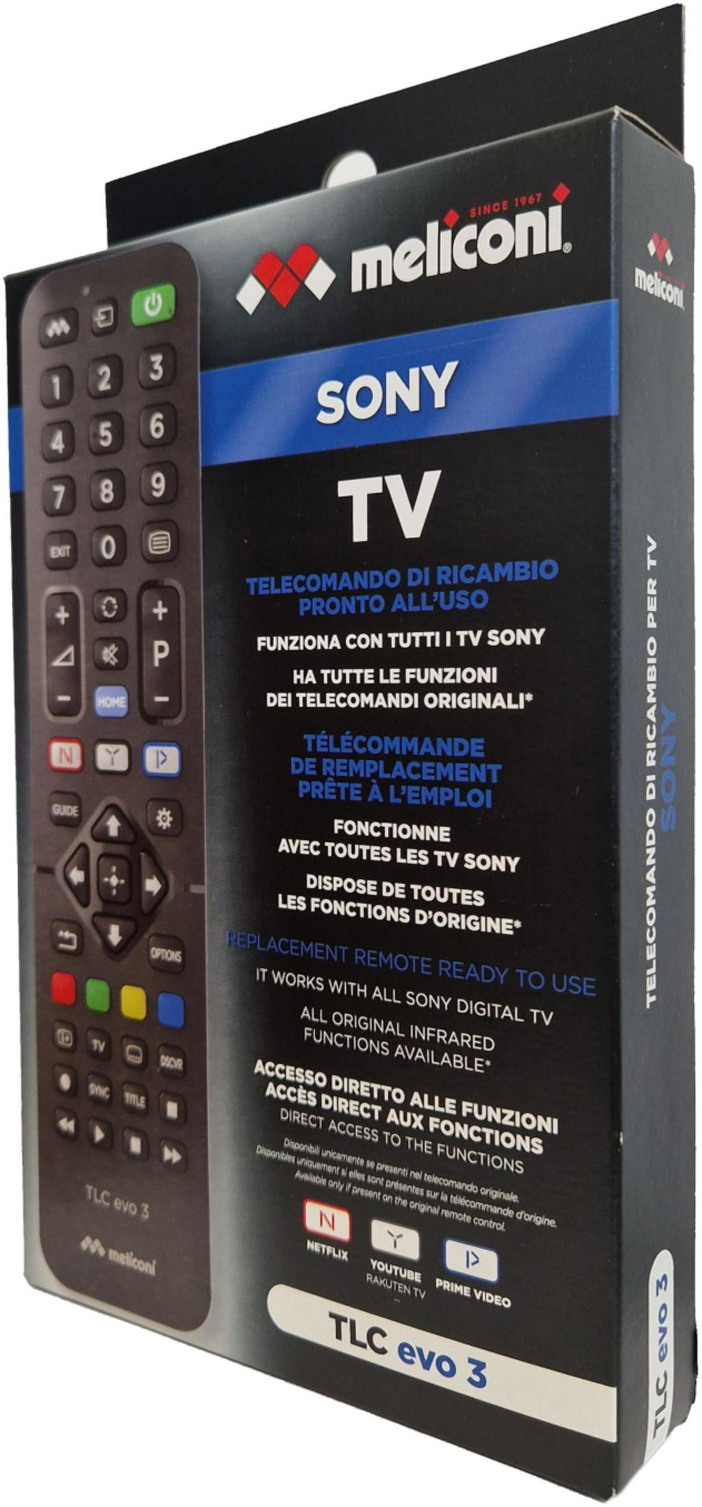Caja de control remoto de repuesto Meliconi TLC evo 3 para TV Sony, muestra detalles y imagen.