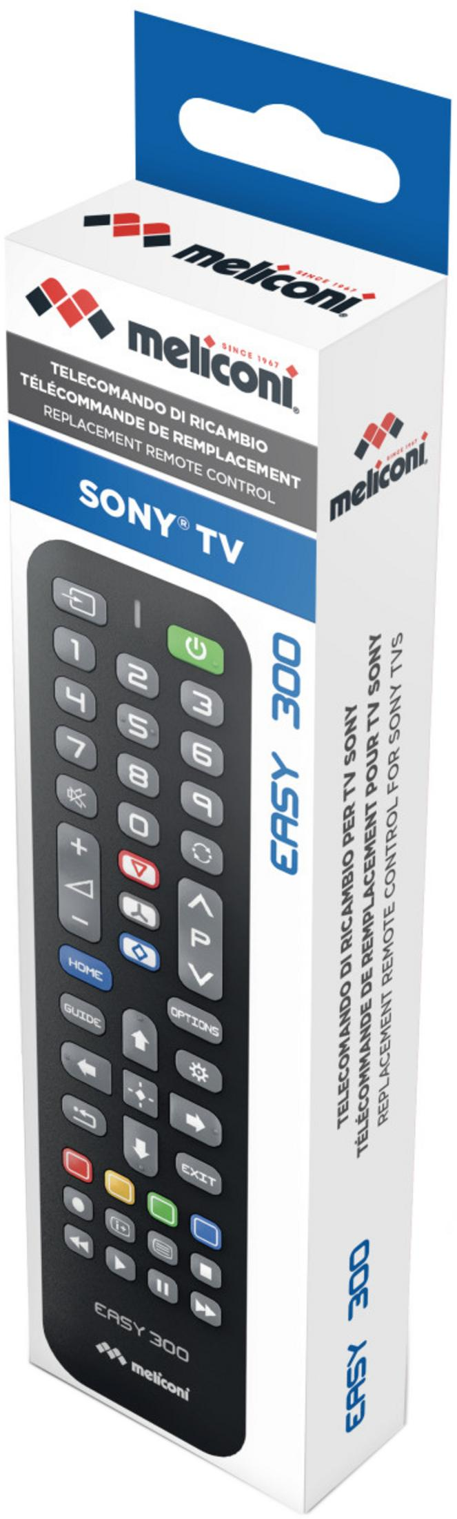 Embalaje del mando a distancia de repuesto Meliconi Easy 300 para televisores Sony.