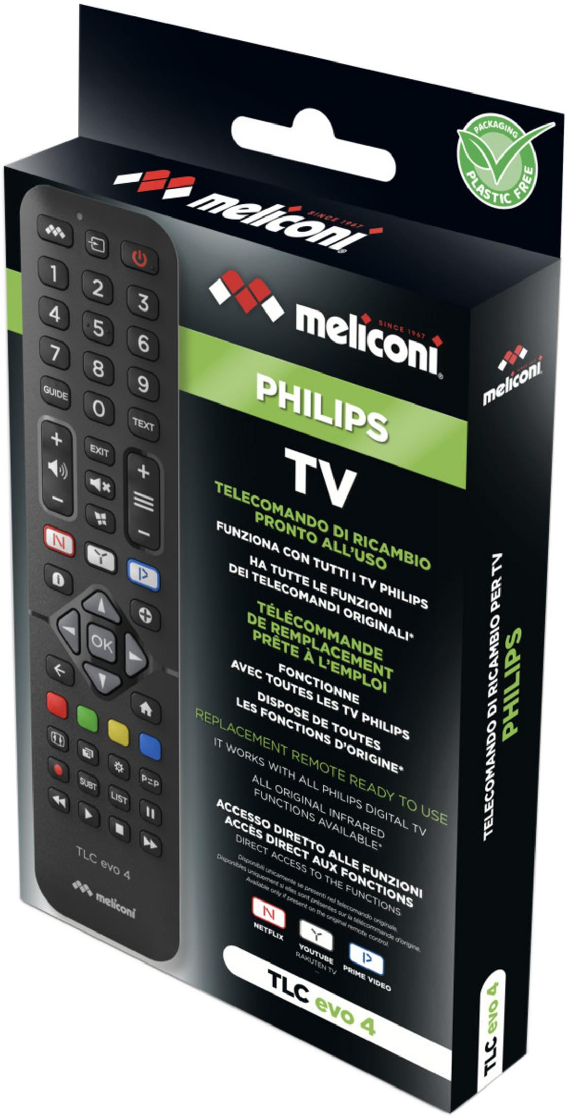 Un control remoto de reemplazo Meliconi para TV Philips en su empaque negro y verde.