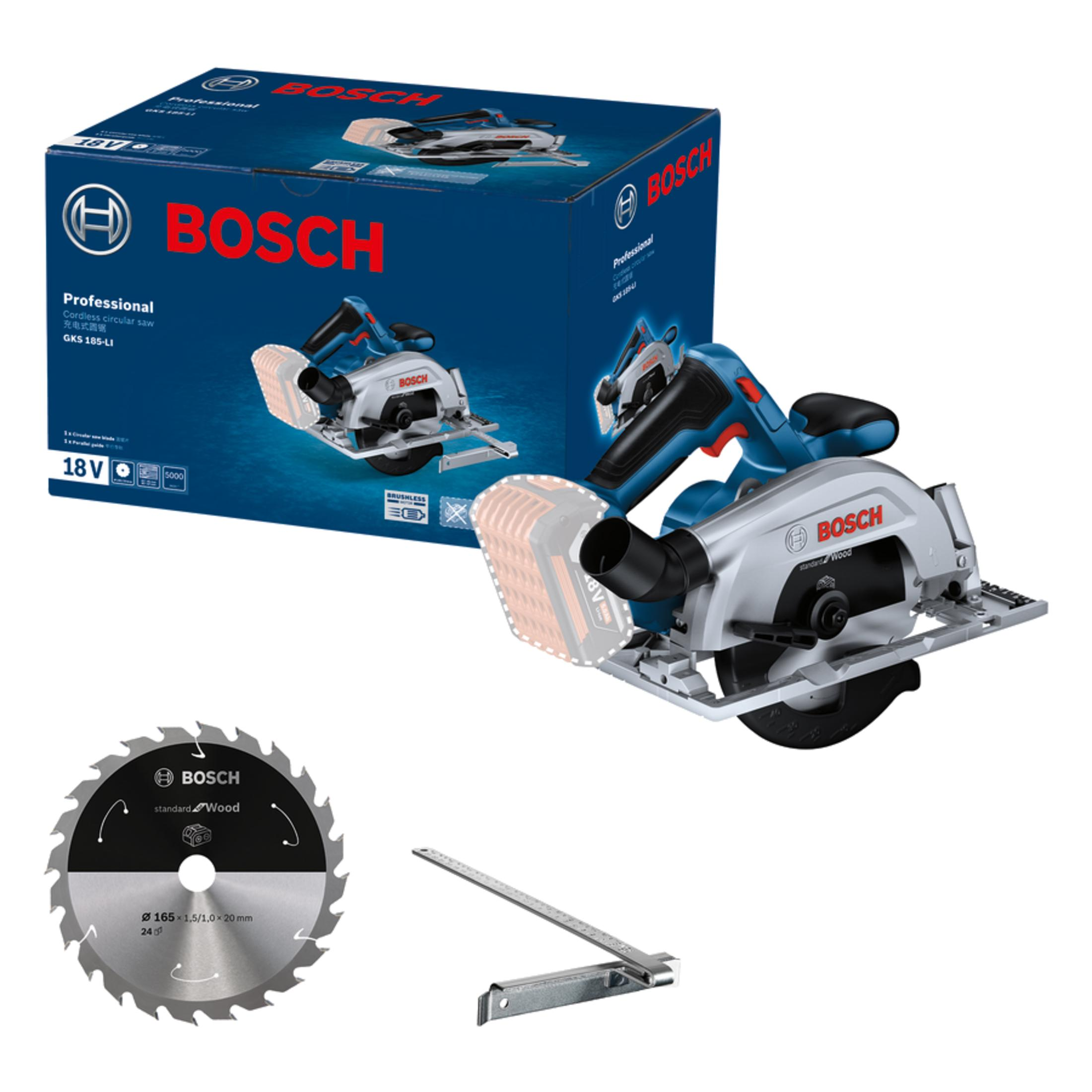 Sierra circular inalámbrica Bosch con caja, hoja de sierra y guía.