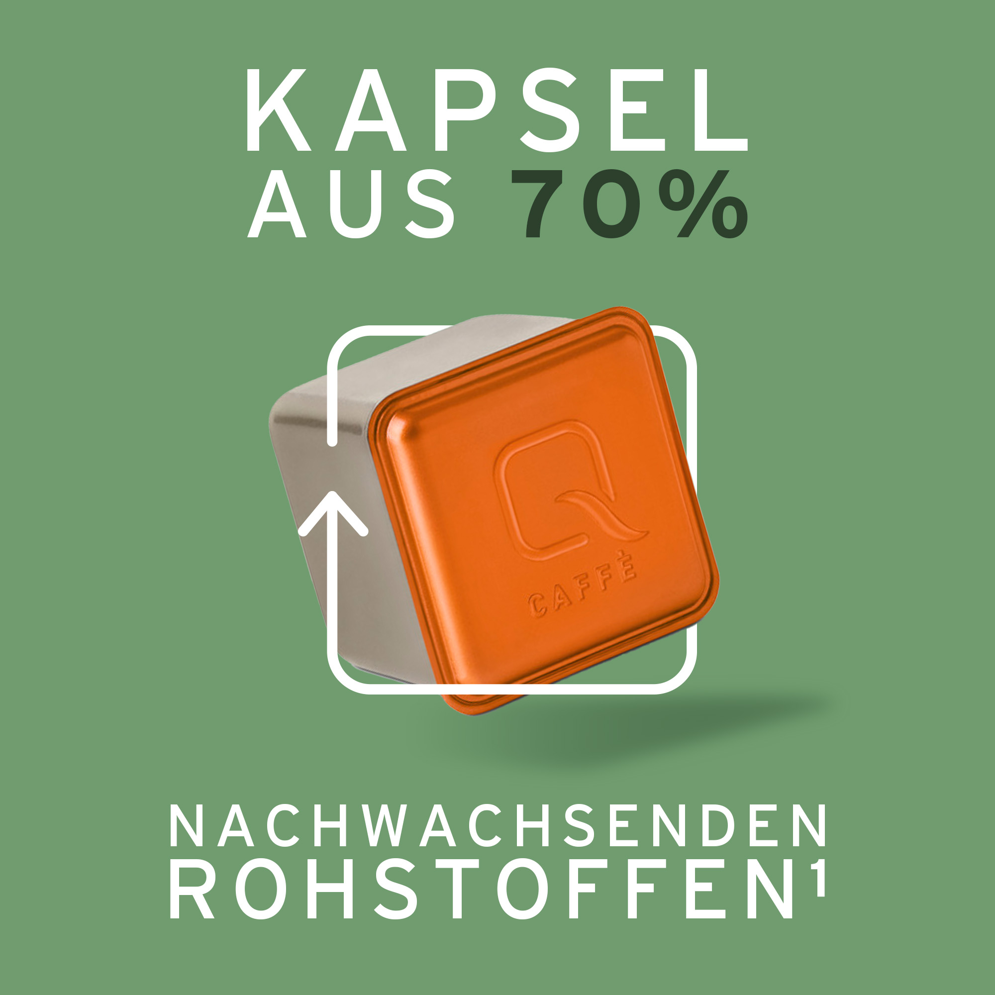 Eine orangefarbene Q Caffè Kapsel vor grünerem Hintergrund mit weißem Recycling-Symbol und Text.